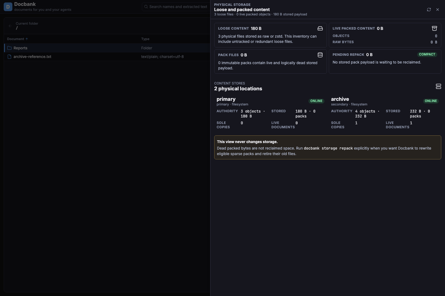 The Docbank web application showing the primary and a secondary physical store for a synthetic vault.
