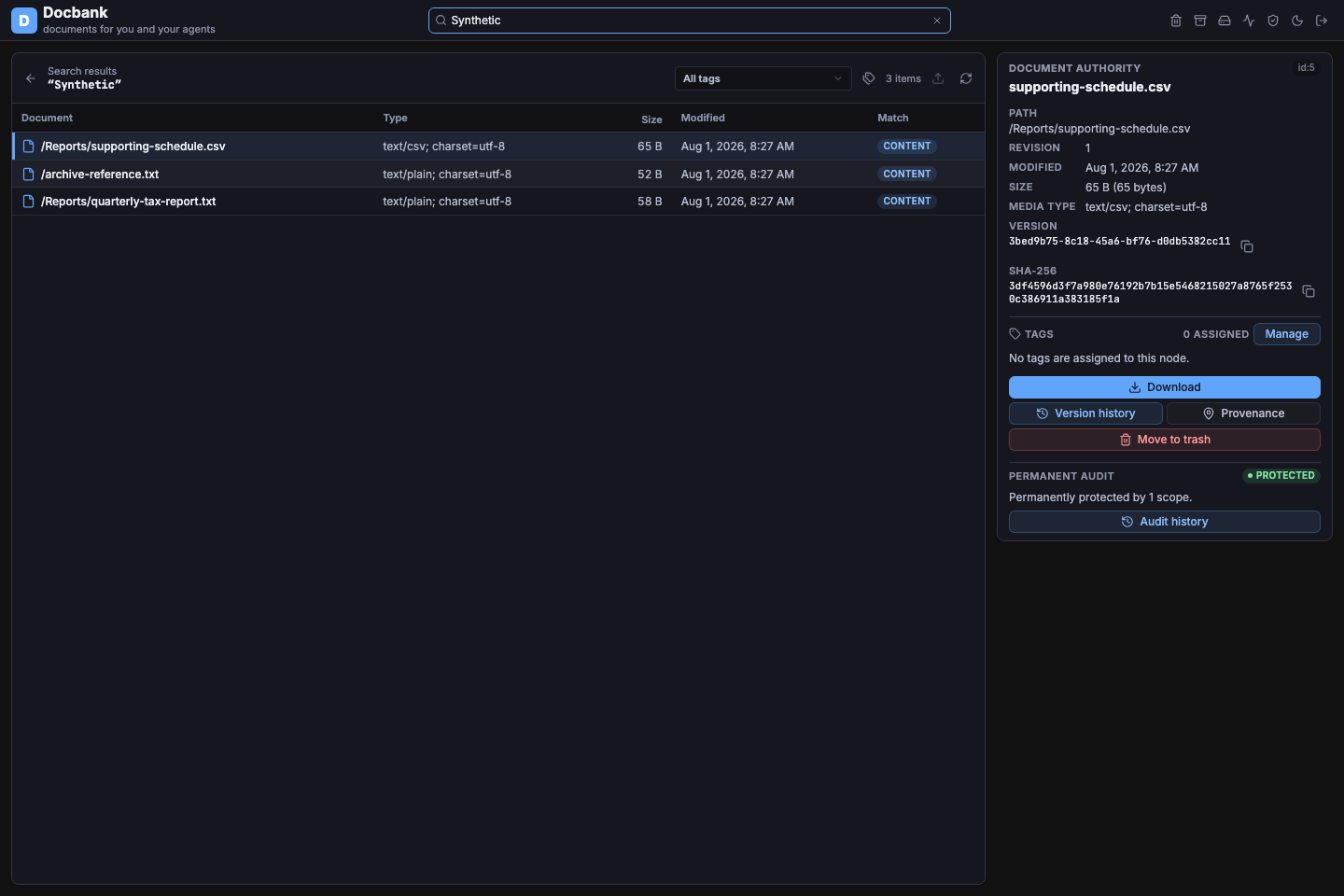The Docbank web application showing extracted-text search results in a synthetic vault.