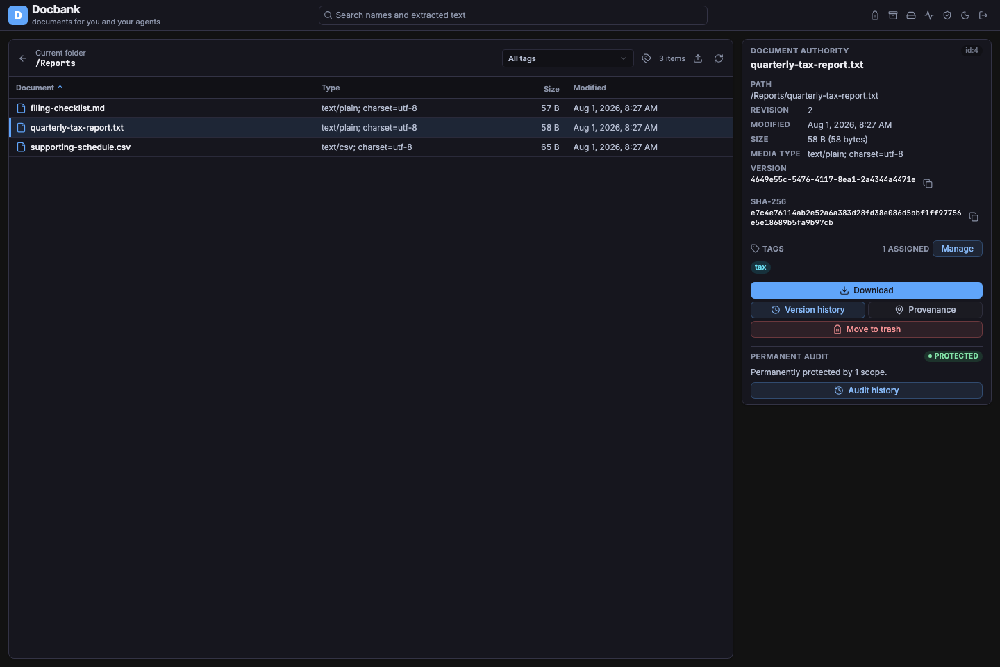 The Docbank web application browsing a synthetic vault and showing the selected document's stable authority.