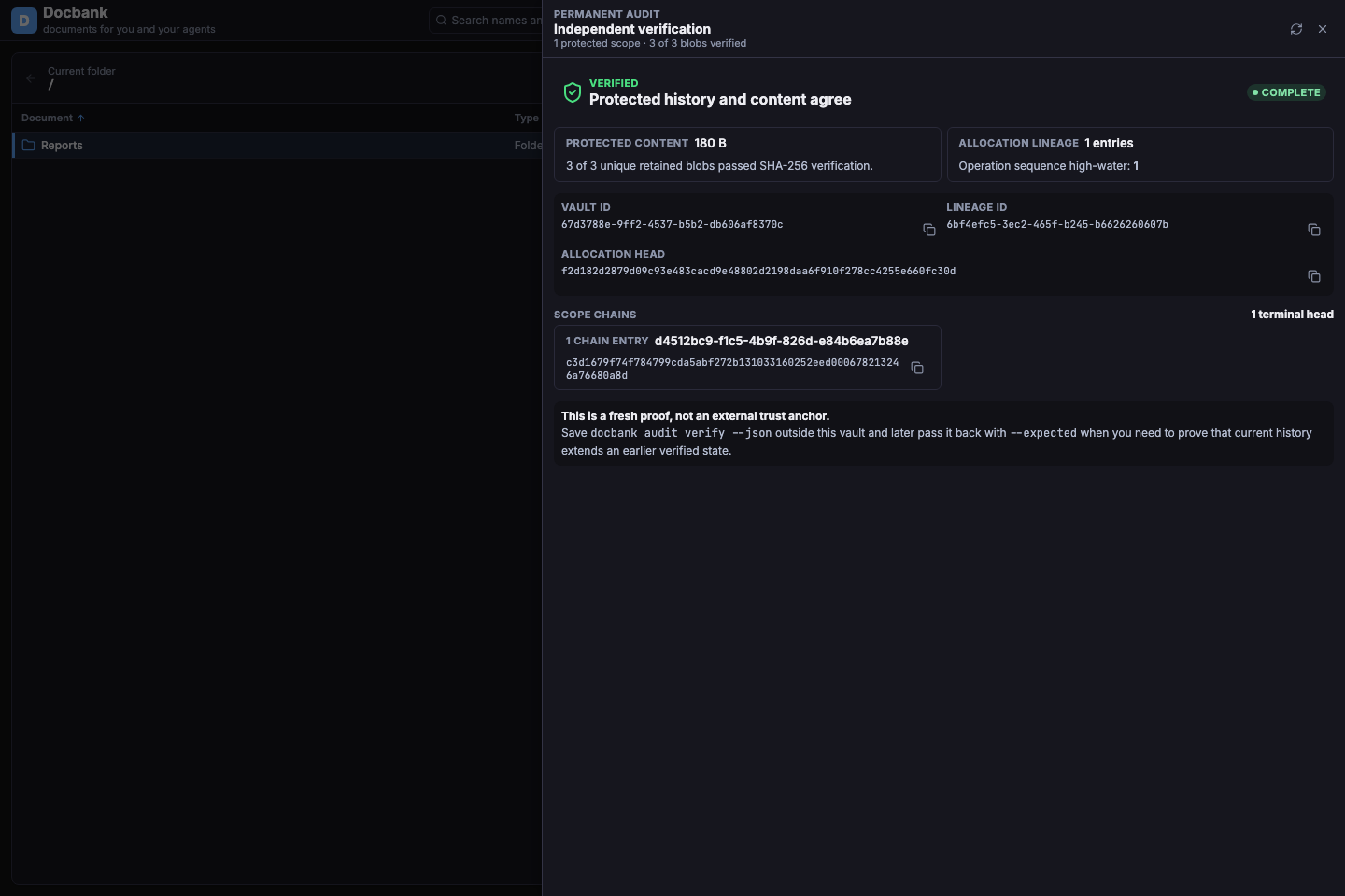 The Docbank web application showing independently verified permanent audit evidence for a synthetic vault.