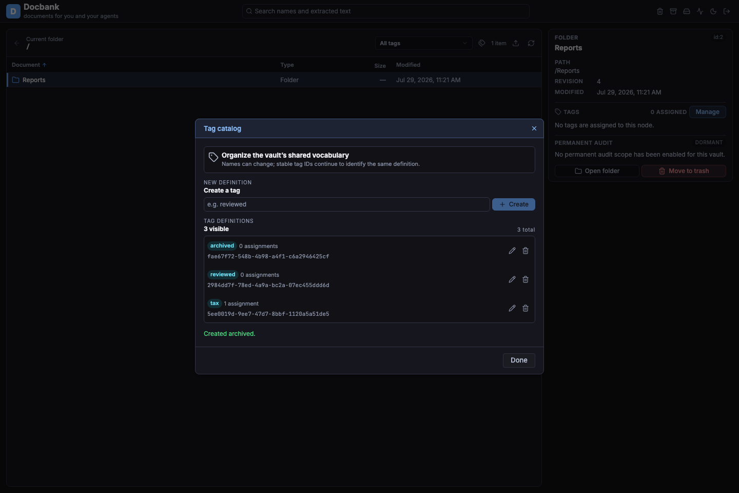 The Docbank web application managing a synthetic vault's stable tag catalog.