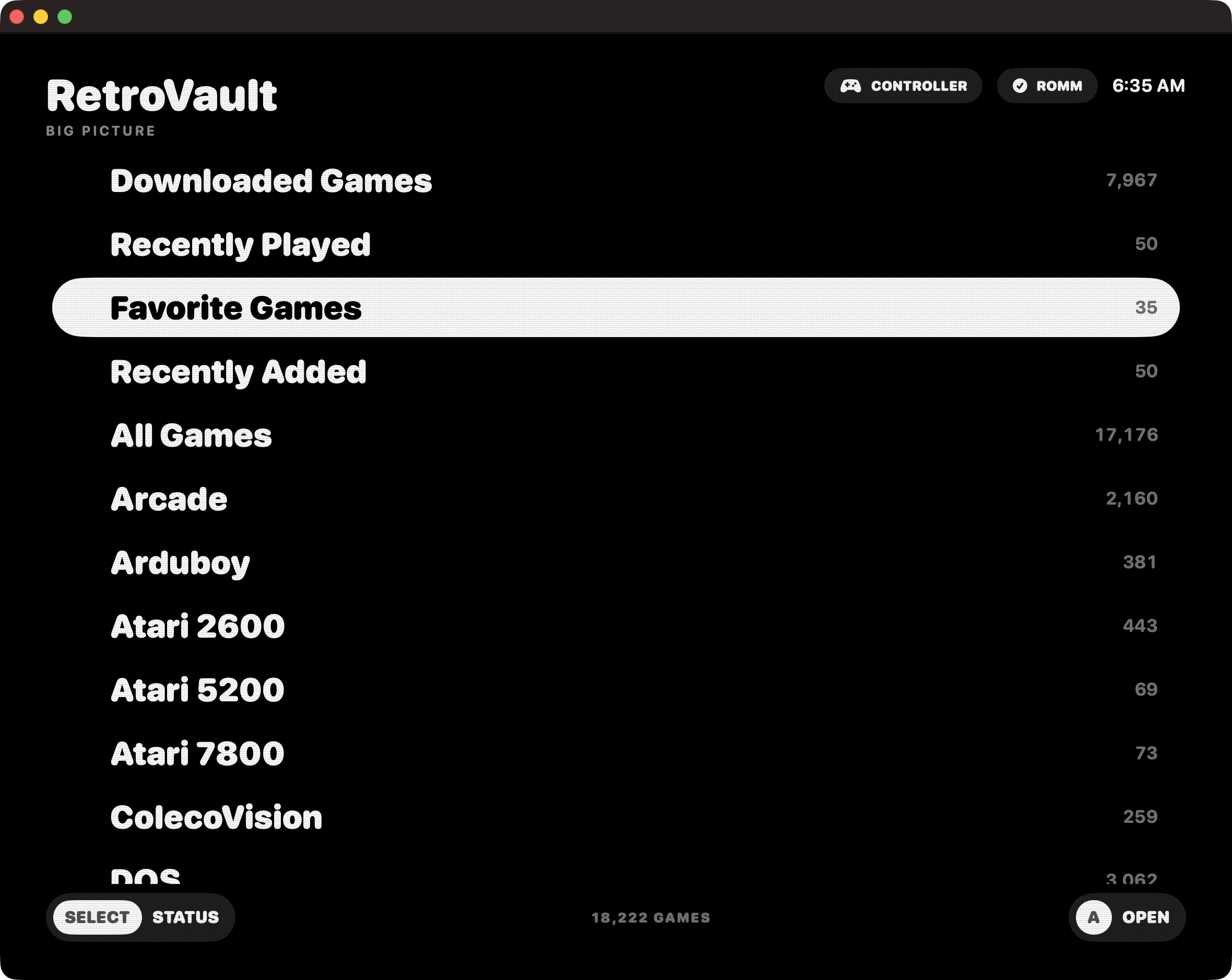 RetroVault's controller-first Big Picture library