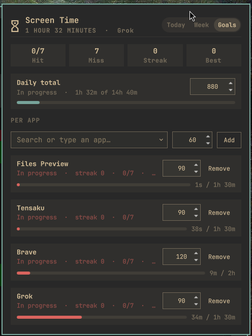 Omascreentime Goals tab with daily and per-app goal editors