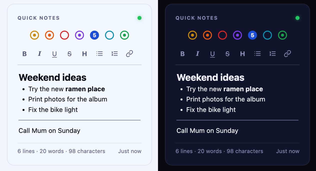 The Genkan quick notes card in the light and dark themes