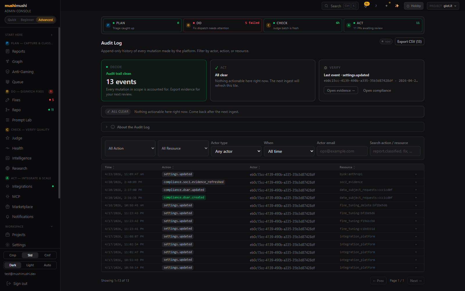 Audit Log page — Decide/Act/Verify hero, filter row, table with Time / Action / Actor / Resource columns.