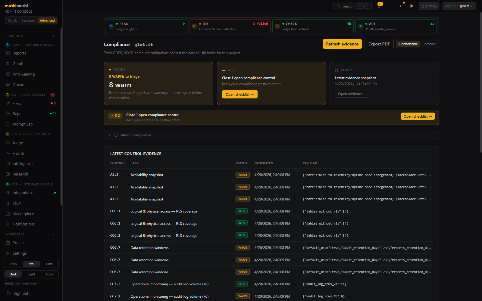 Compliance dashboard — Latest control evidence table with PASS / WARN pills, Data residency table.
