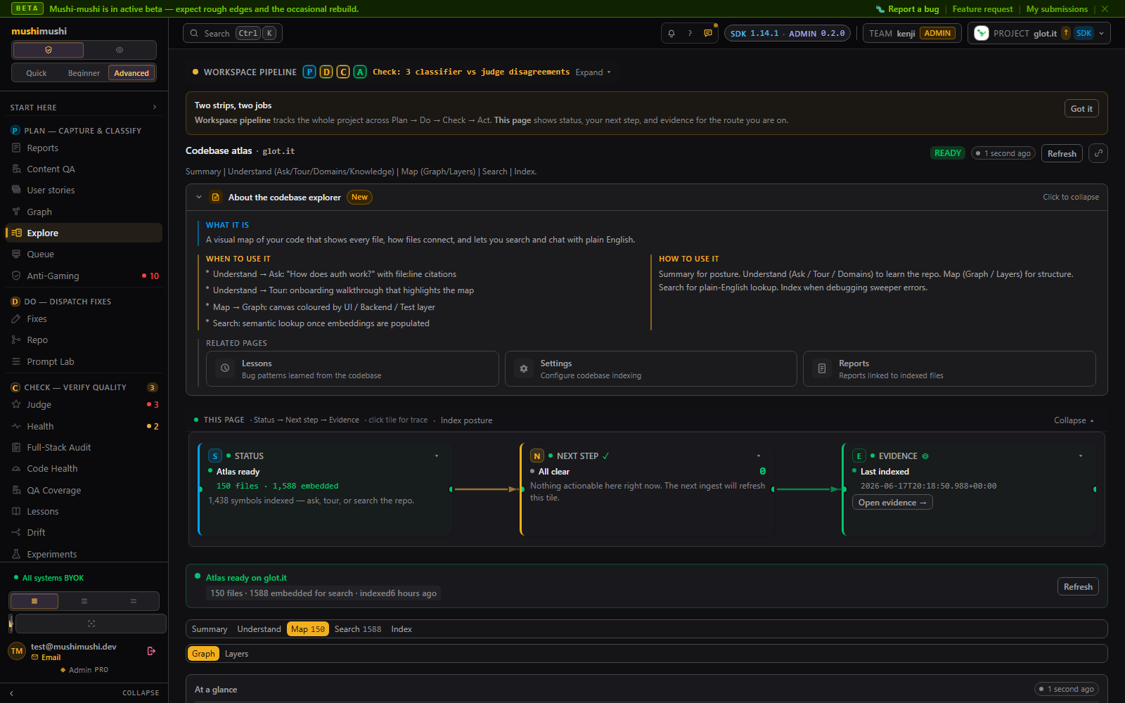 Codebase Atlas (/explore) — Graph view with nodes coloured by architectural layer, directed import arrows, layer legend.