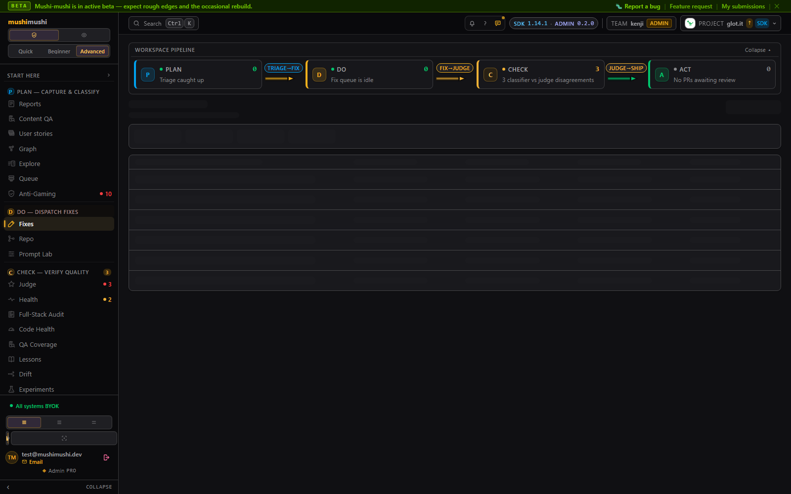 Auto-fix pipeline — KPI cards with sparklines, '9 PRs are ready for review' banner, per-attempt PDCA cards.