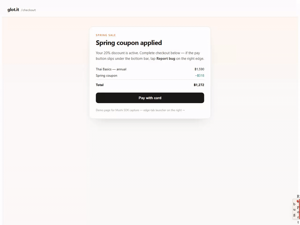 glot.it live app — Mushi web SDK feedback flow (dogfood project)