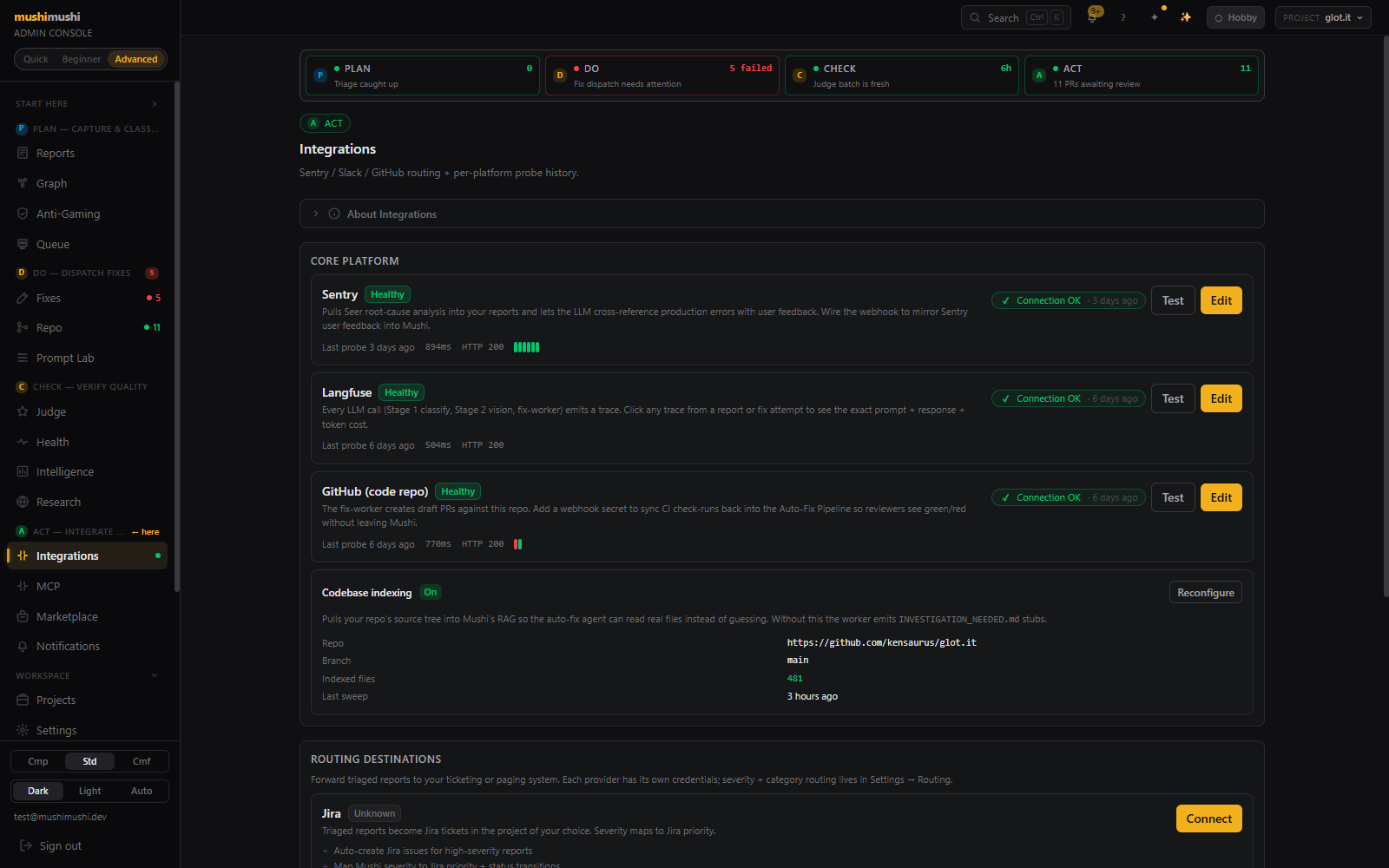 Integrations page — Sentry / Langfuse / GitHub health-checked probes, Codebase indexing card, ROUTING DESTINATIONS.