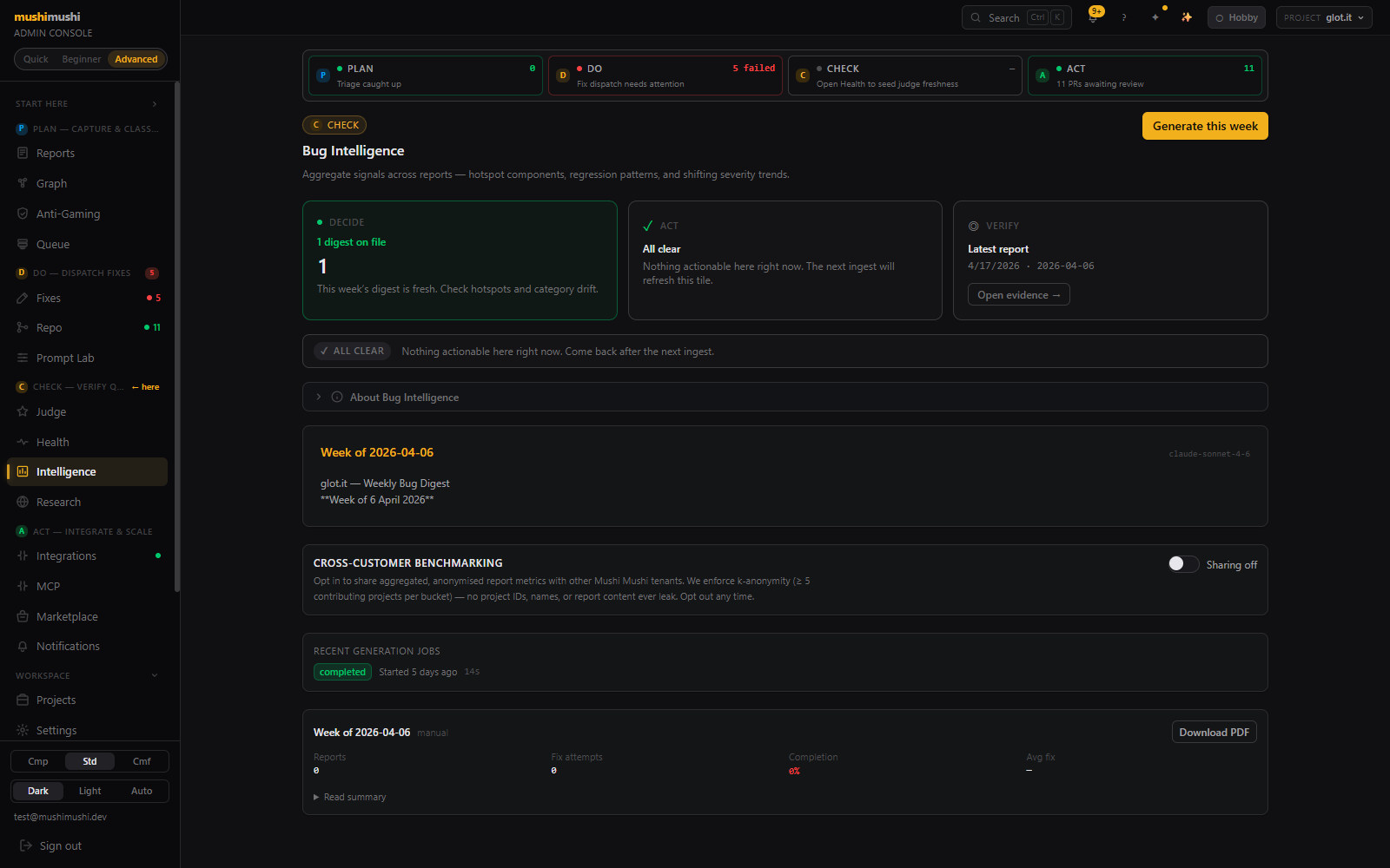 Bug intelligence page with Decide/Act/Verify hero, weekly digest card, recent generation jobs table.