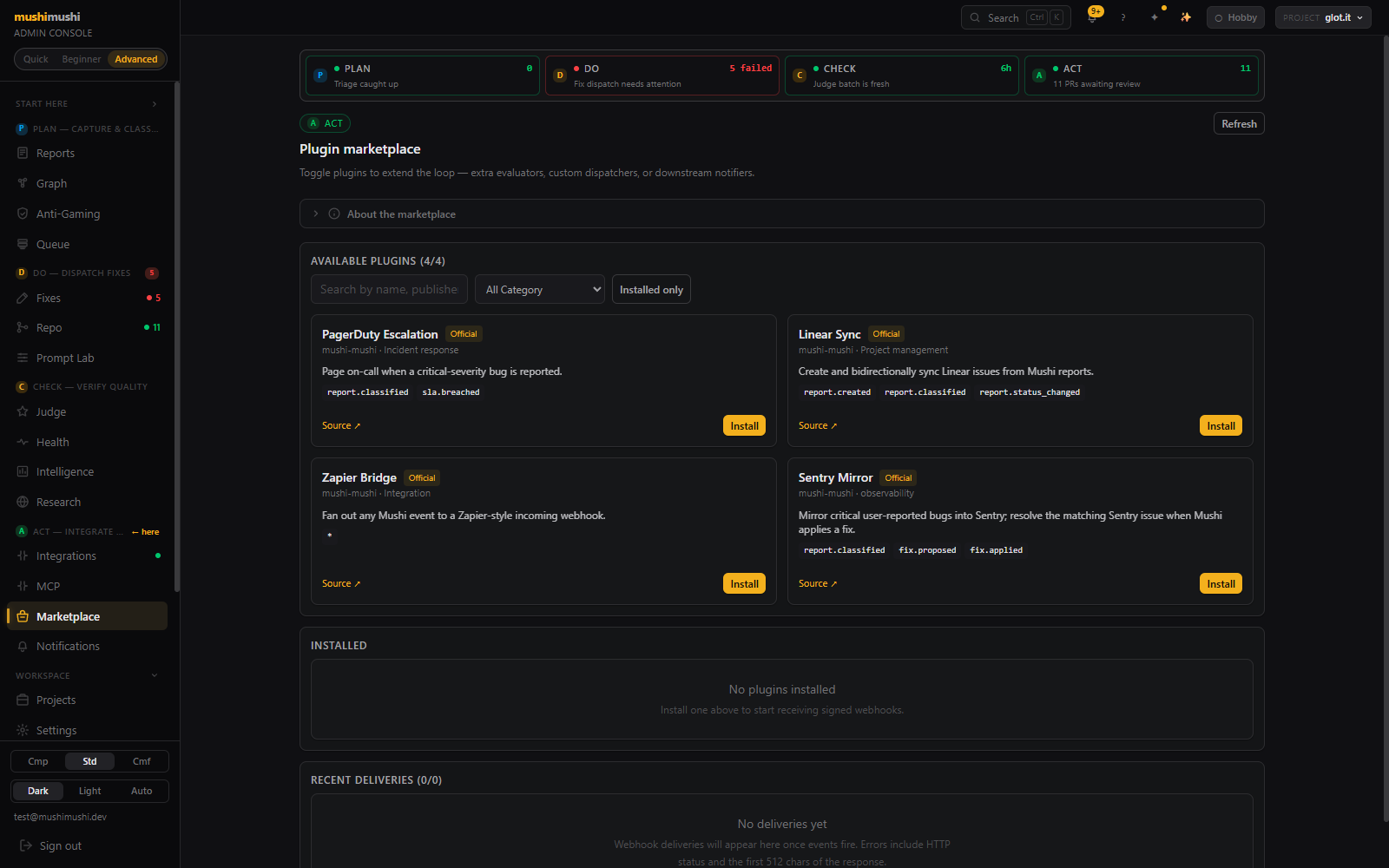 Plugin marketplace — Available plugins, Installed section, Recent deliveries.