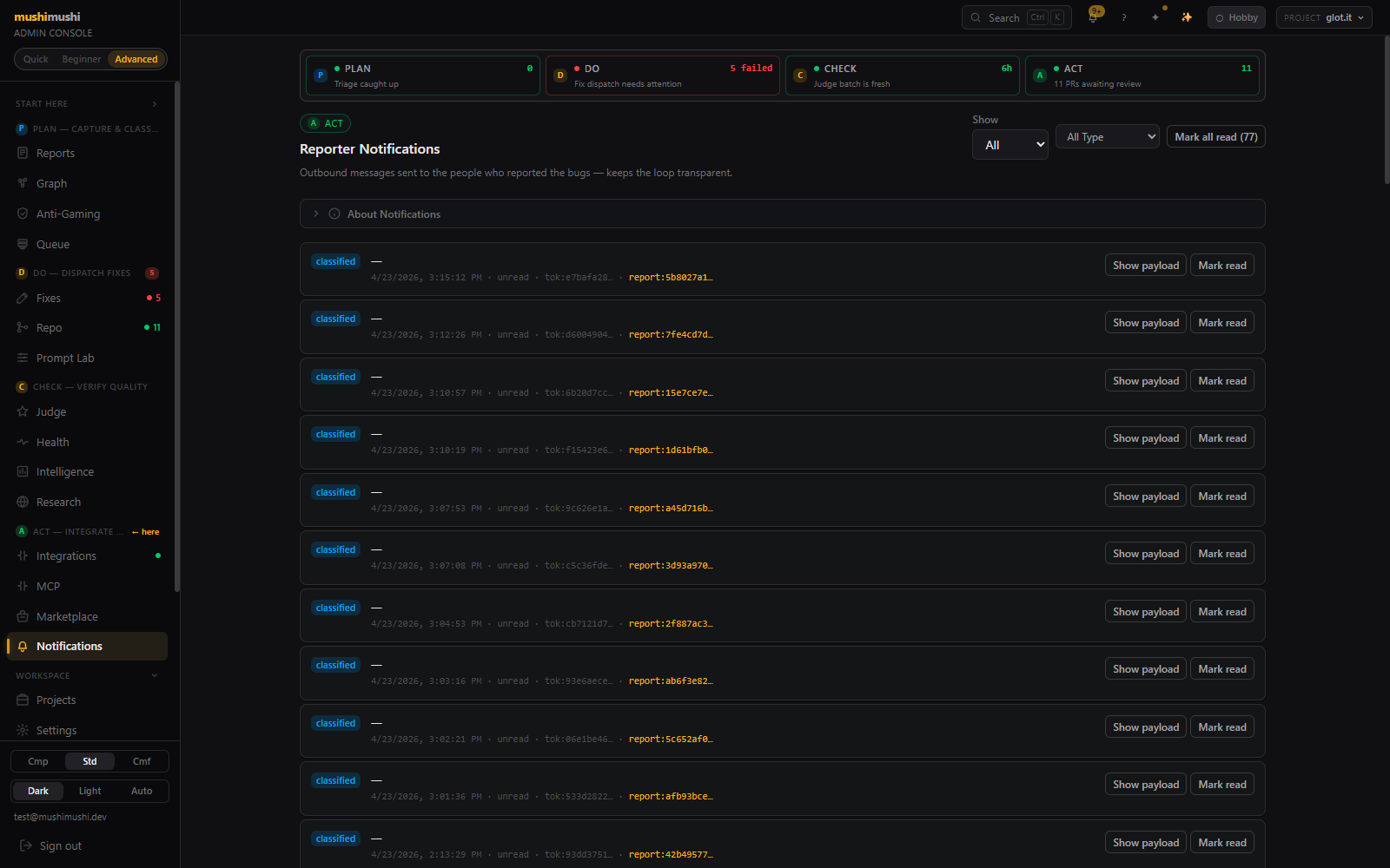 Reporter Notifications page — outbound messages sent to bug reporters, table with timestamp, type, and per-row actions.