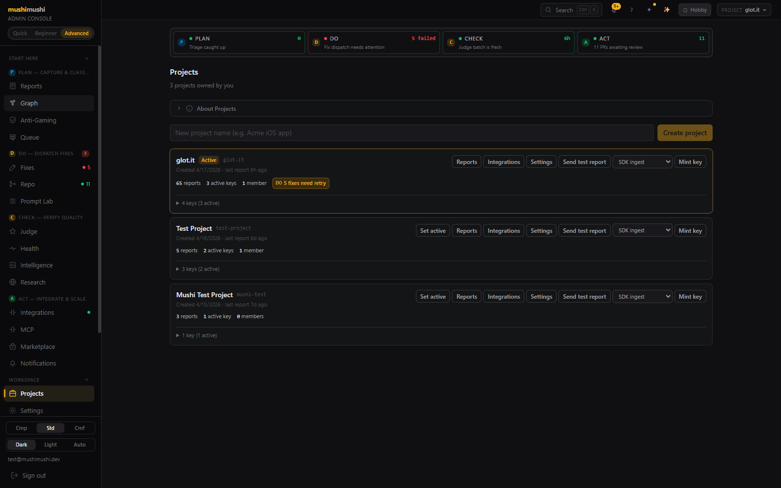 Projects page — 3 per-project cards with Active pill, slug, last report timestamp, key/report/member counts.