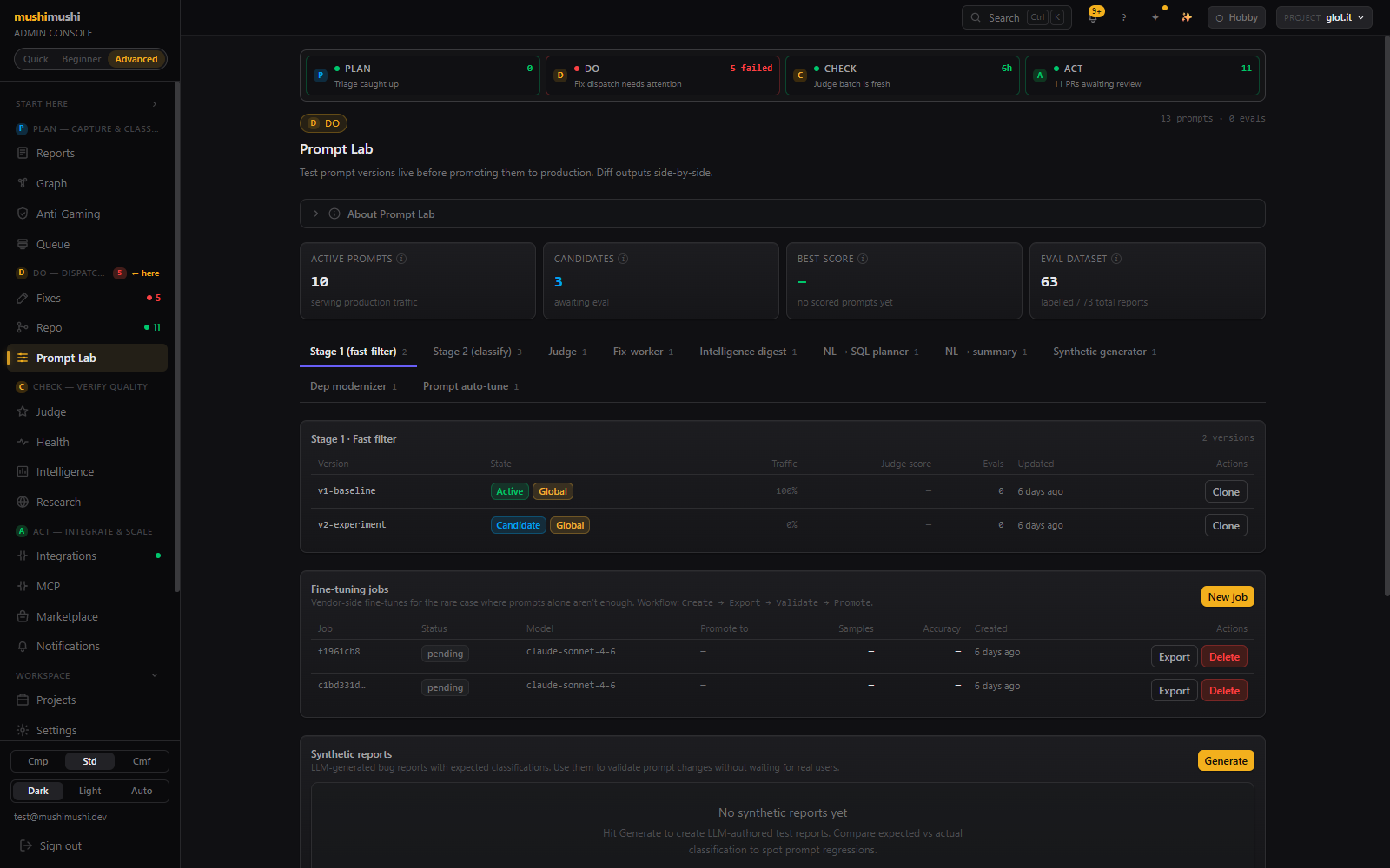 Prompt Lab — KPIs, Stage 1 fast-filter and Stage 2 classify version tables, two pending fine-tuning jobs.