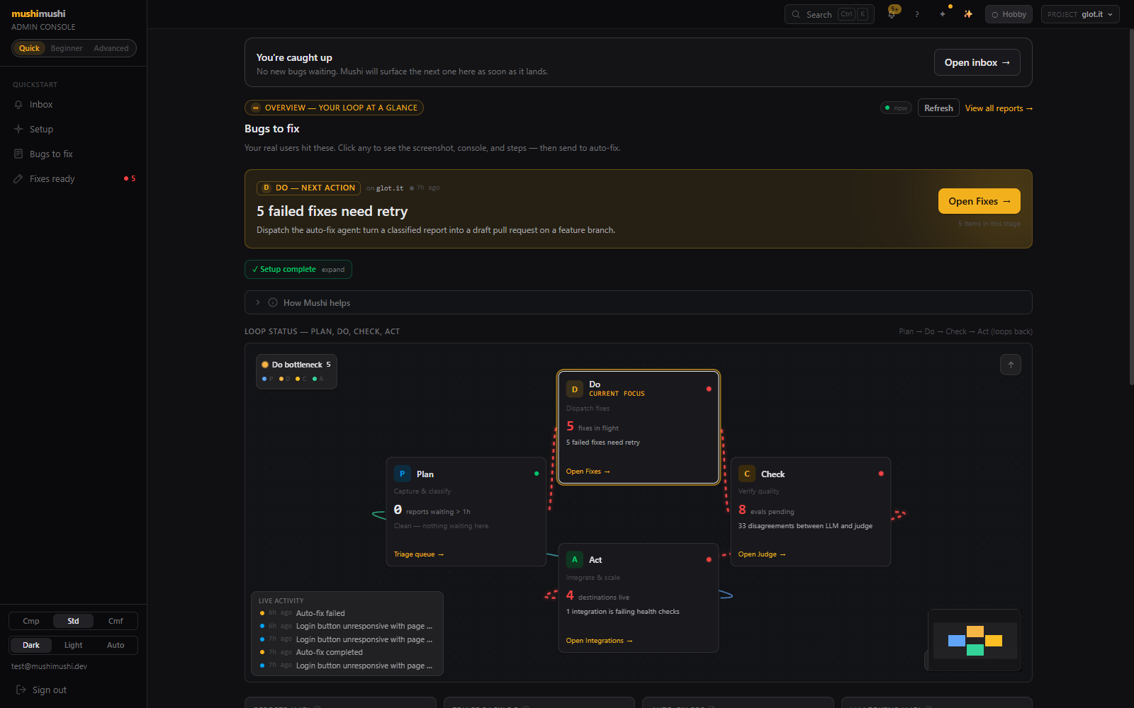 Quickstart mode dashboard — three-page sidebar (Setup, Bugs to fix, Fixes ready) with verb-led labels and zero PDCA jargon.