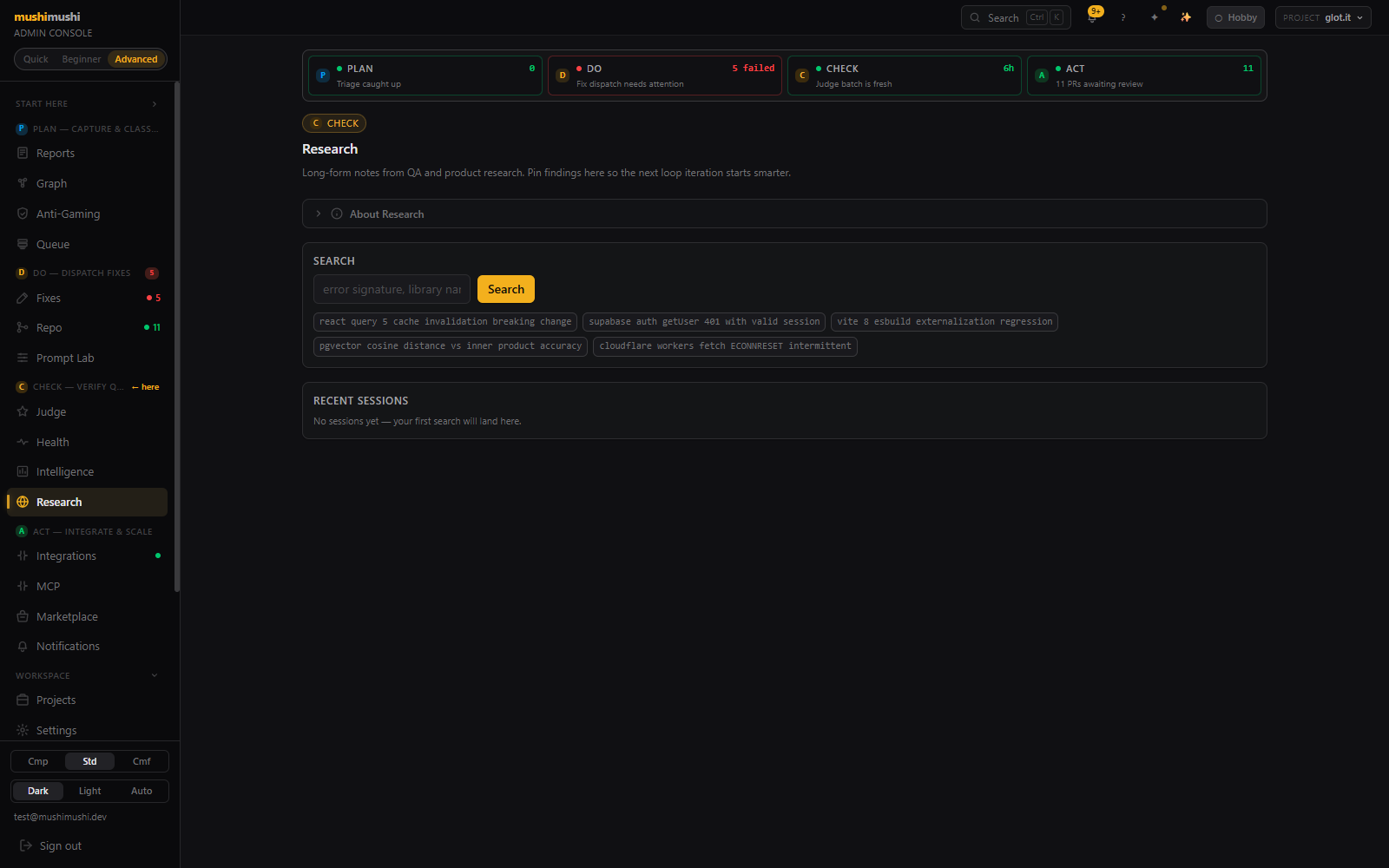 Research notes page — long-form notes from QA and product research, search section with chip topics.