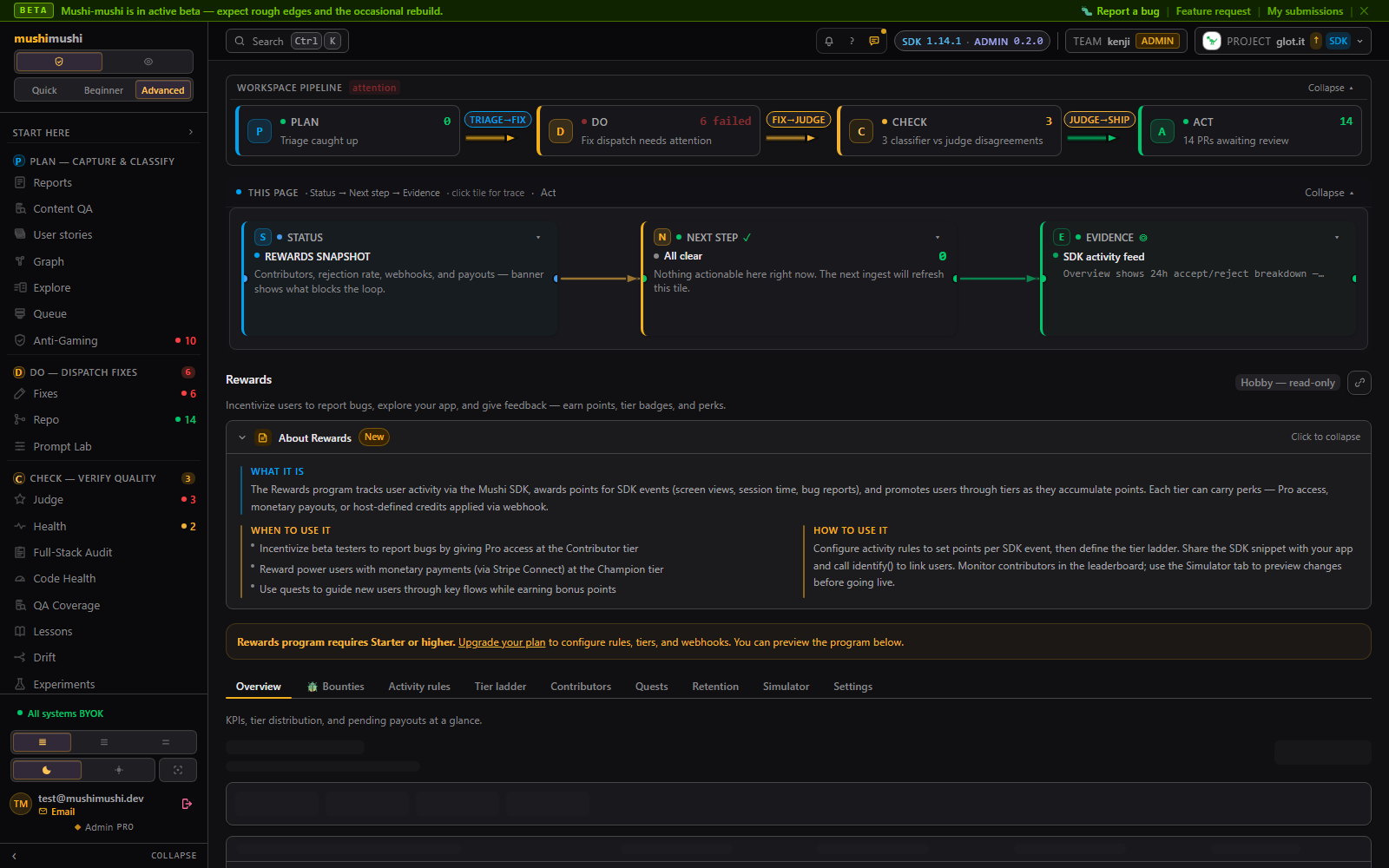 Rewards program — point rules, tier ladder with host_credit_payload grants, and contributor leaderboard.
