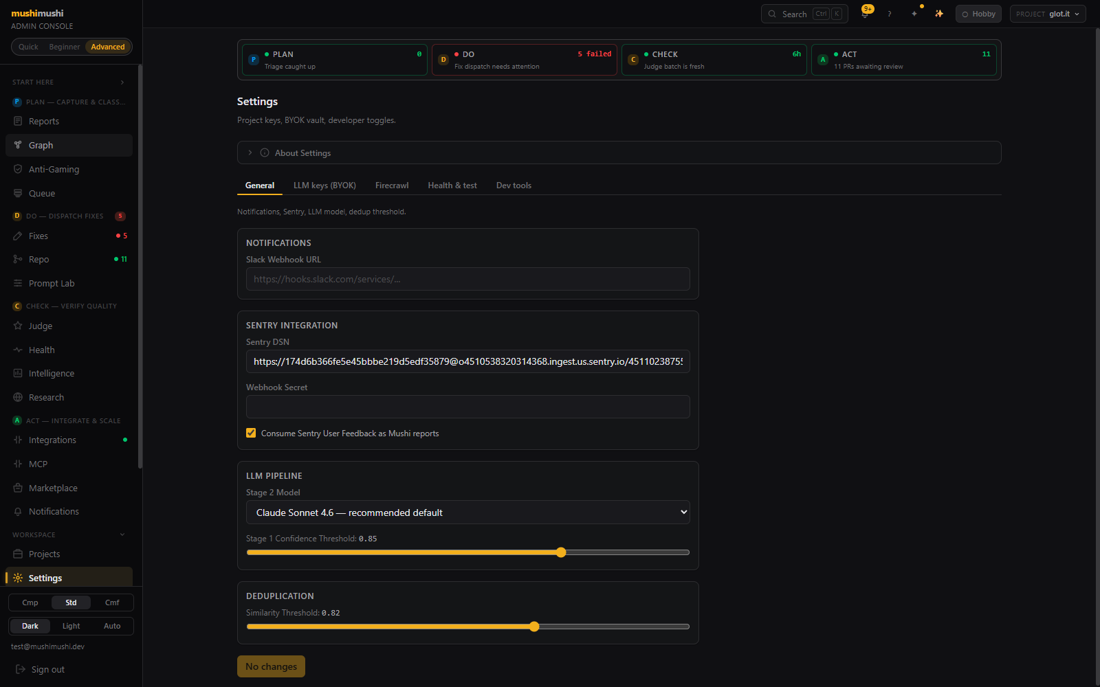 Settings page — 5-tab nav, NOTIFICATIONS card, SENTRY INTEGRATION card, LLM PIPELINE card, DEDUPLICATION card.