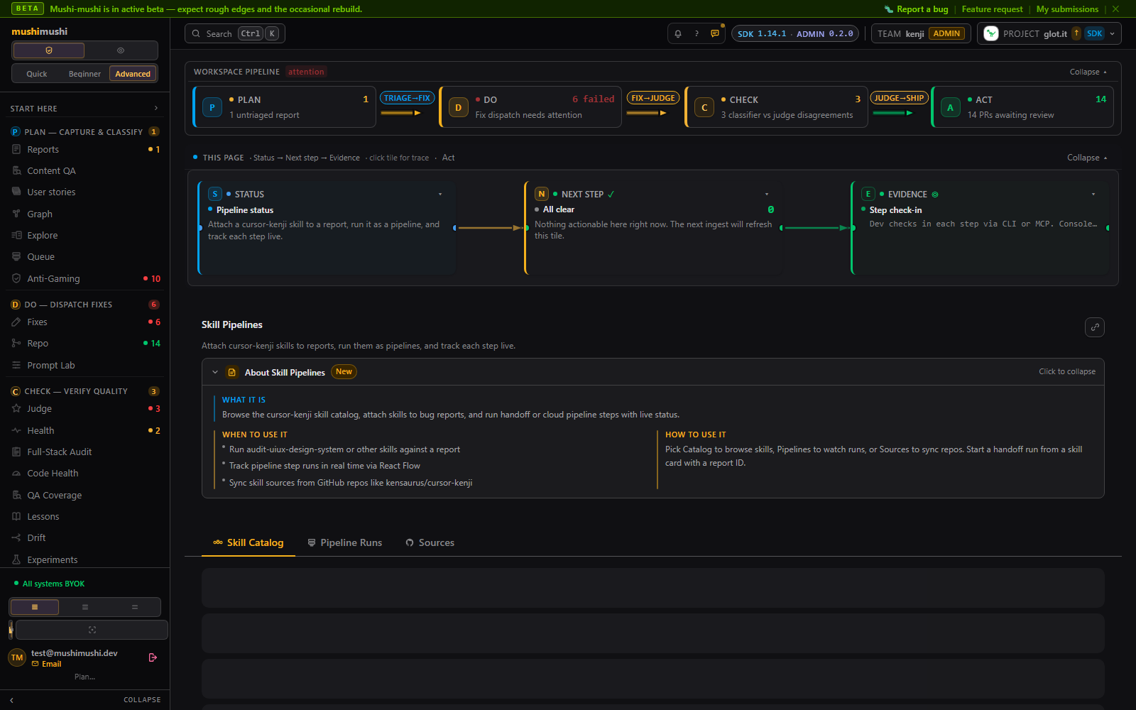 Skill Pipelines — 85-skill catalog from cursor-kenji, workflow bundles, pipeline runs tab.
