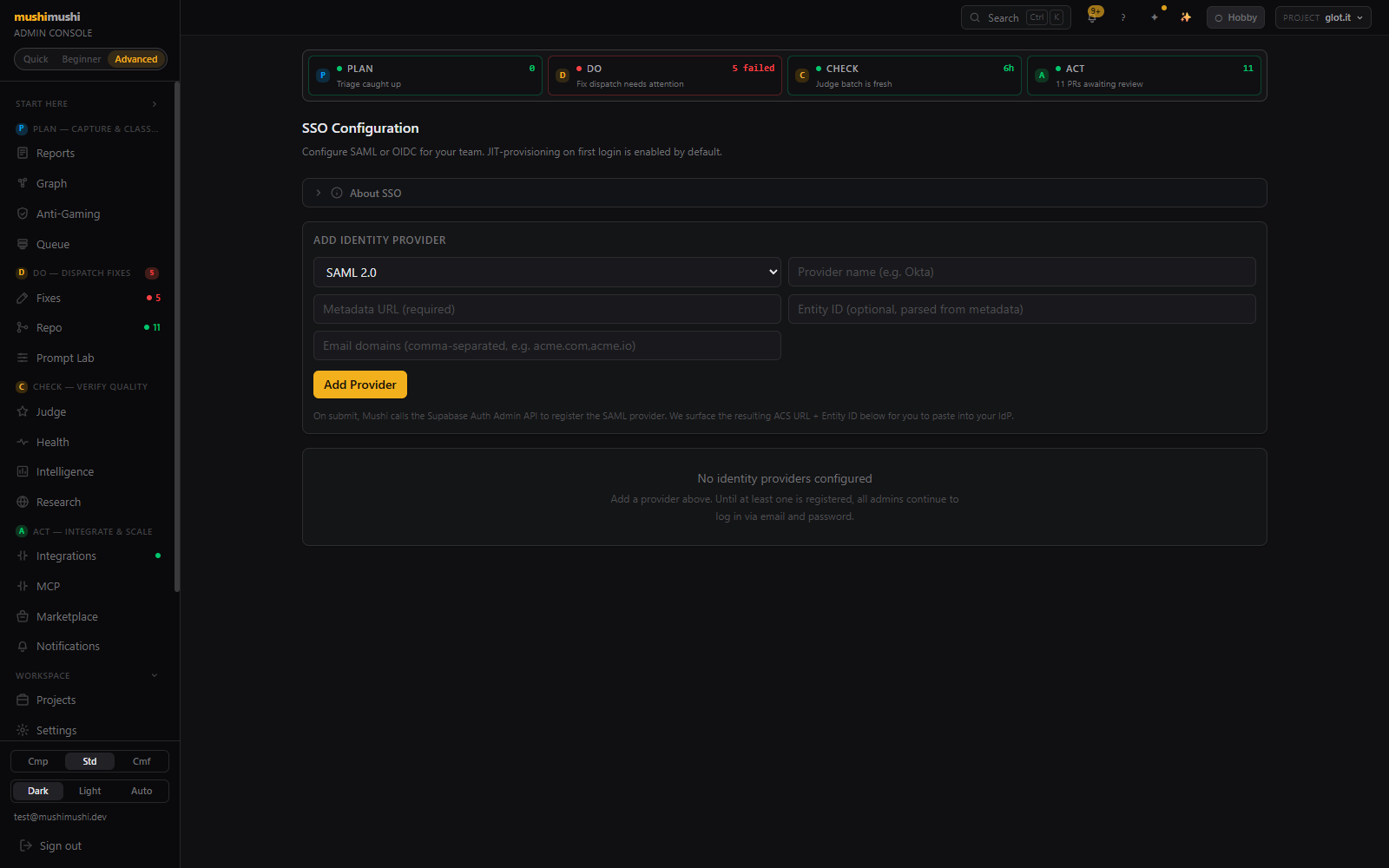 SSO Configuration page — SAML 2.0 + OIDC form, ADD IDENTITY PROVIDER card.