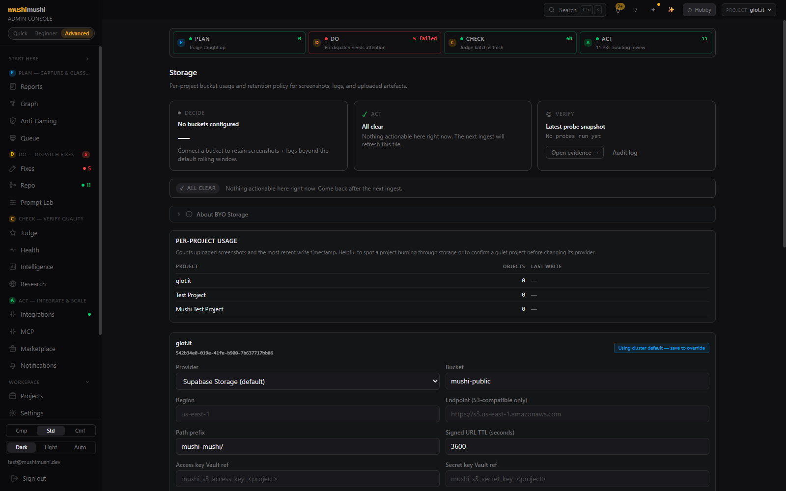 Storage page — Decide/Act/Verify hero, PER-PROJECT USAGE table, per-project bucket form.