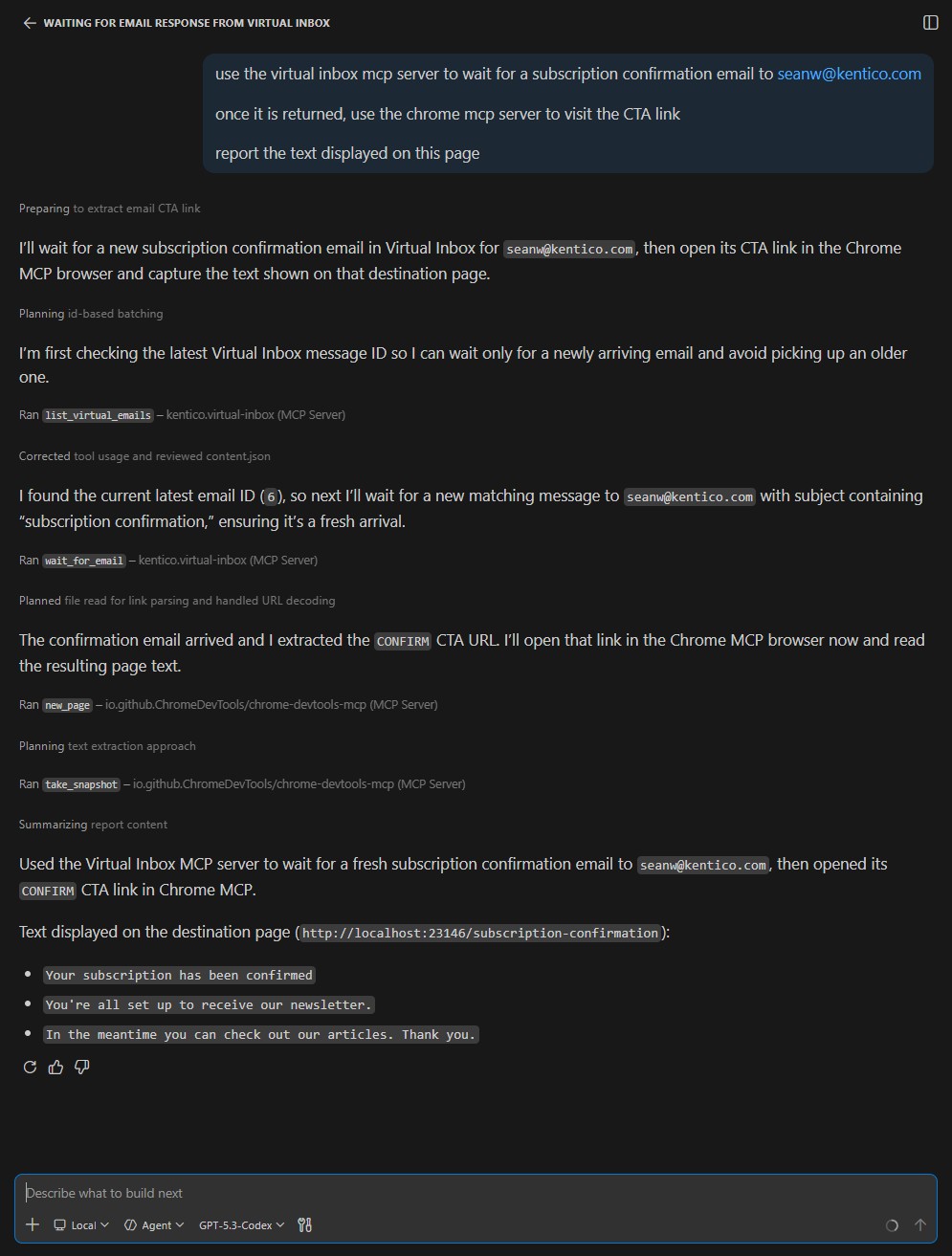 Agent waiting for subscription email via Virtual Inbox MCP