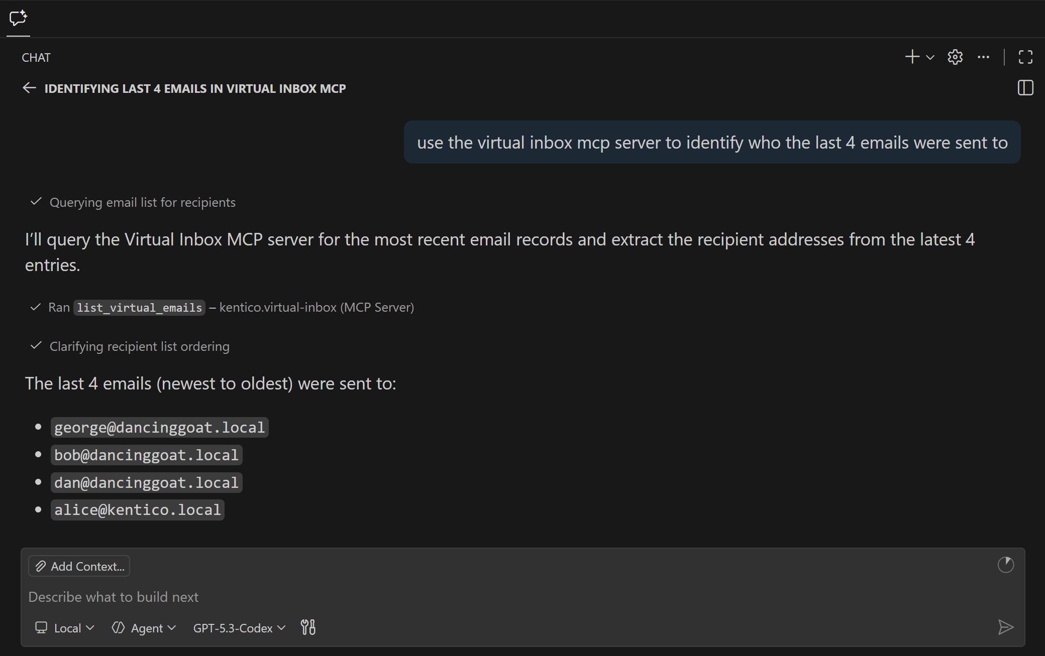 Agent driven virtual inbox MCP server