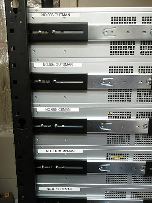 Side view of the server rack, revealing that the machines are named after Mega Man bosses.