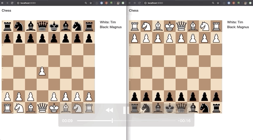 Two browsers side by side. The browsers show chess boards. Moving a piece in one board, moves the piece in the other so two people can play together.