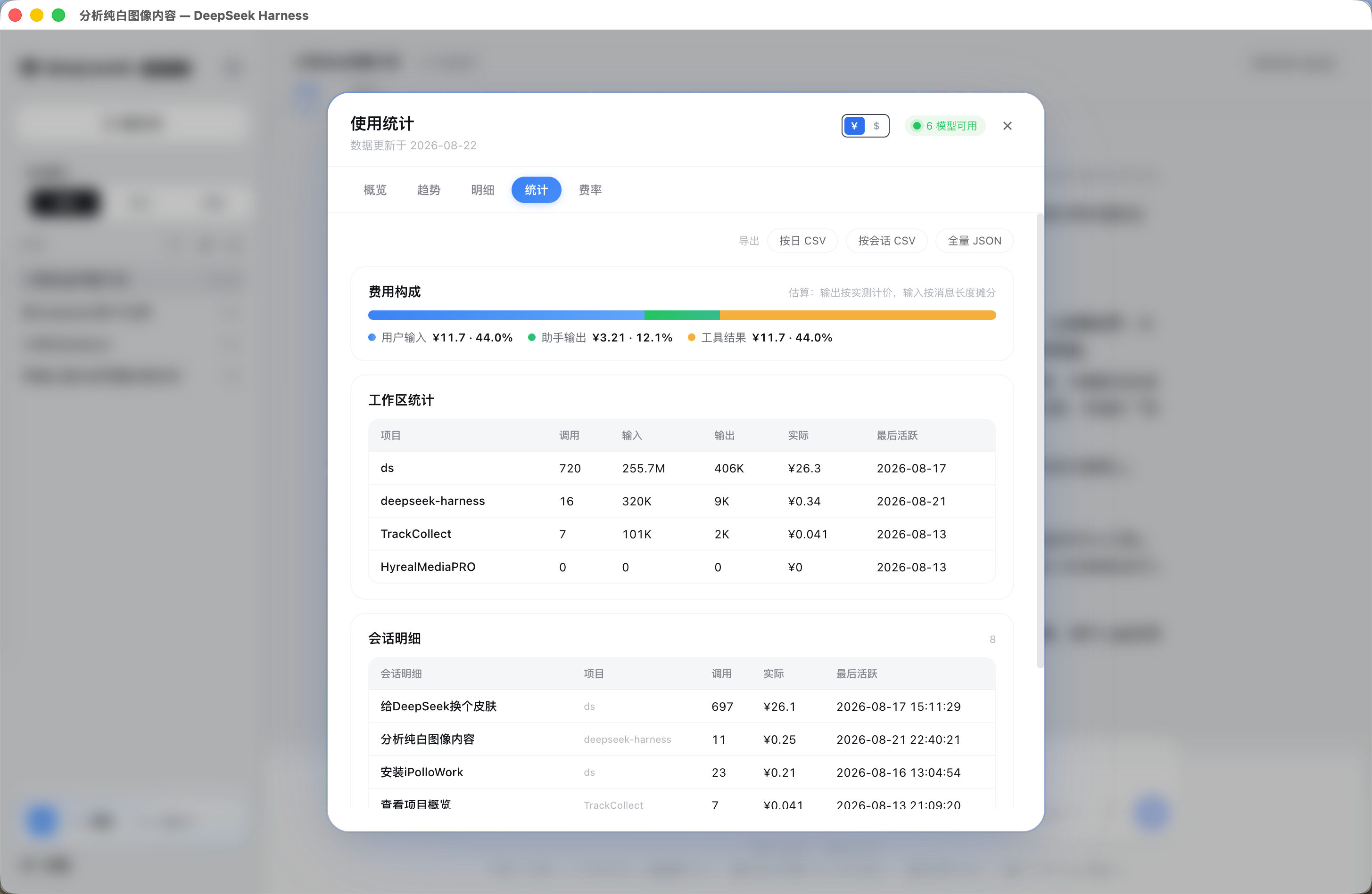 统计：导出、费用构成、工作区与会话明细