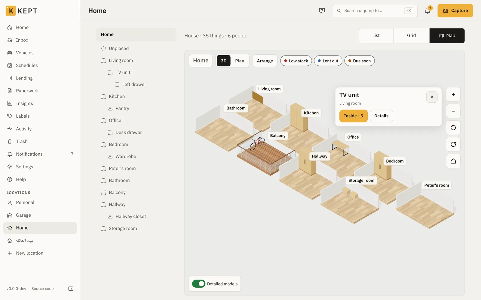 A home on Kept's 3D location map: rooms with their floors and walls, the place tree beside it, and the List · Grid · Map switch