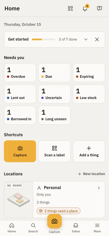Kept's Home on a phone: Get started, the Needs you tiles and the shortcuts, above the tab bar with its Capture button