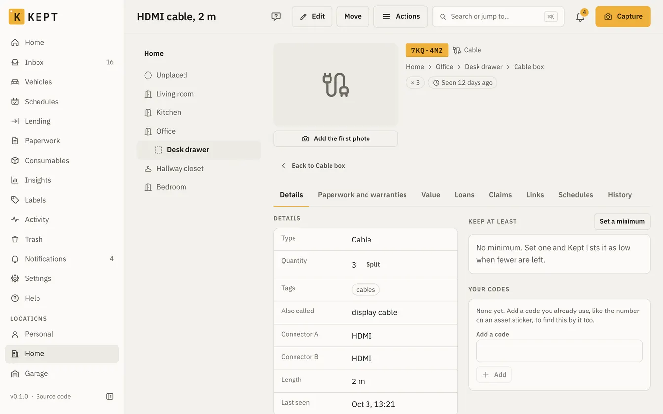 An HDMI cable in Kept: its short ID, its path Home › Office › Desk drawer › Cable box, and its details: type, quantity, tags and connectors