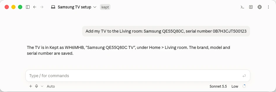 Claude Code connected to Kept over MCP: asked to add a TV with its serial number, it puts it in Home › Living room
