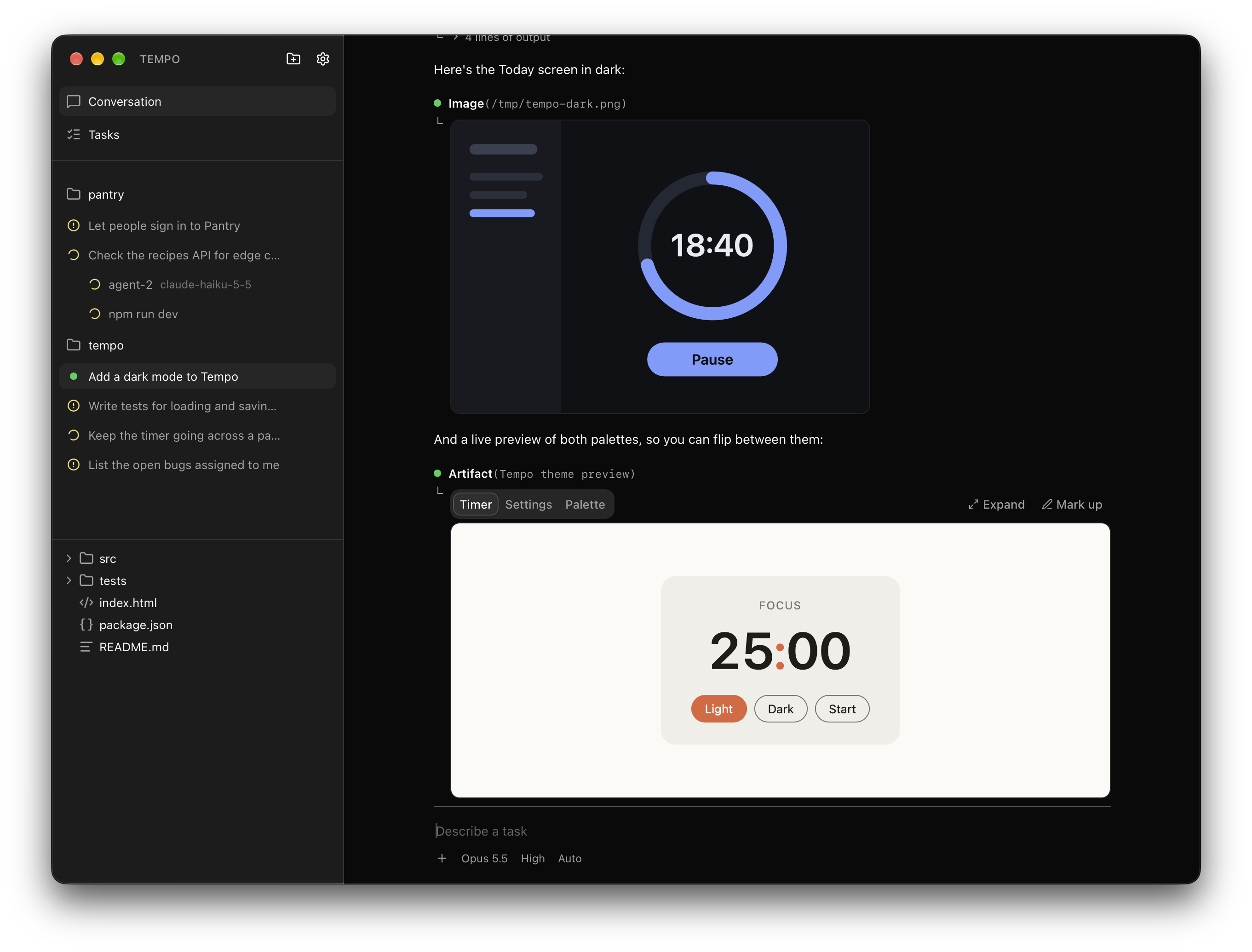 The agent showing a screenshot of the timer app in dark mode and a live, clickable preview page of both colour palettes inside the conversation