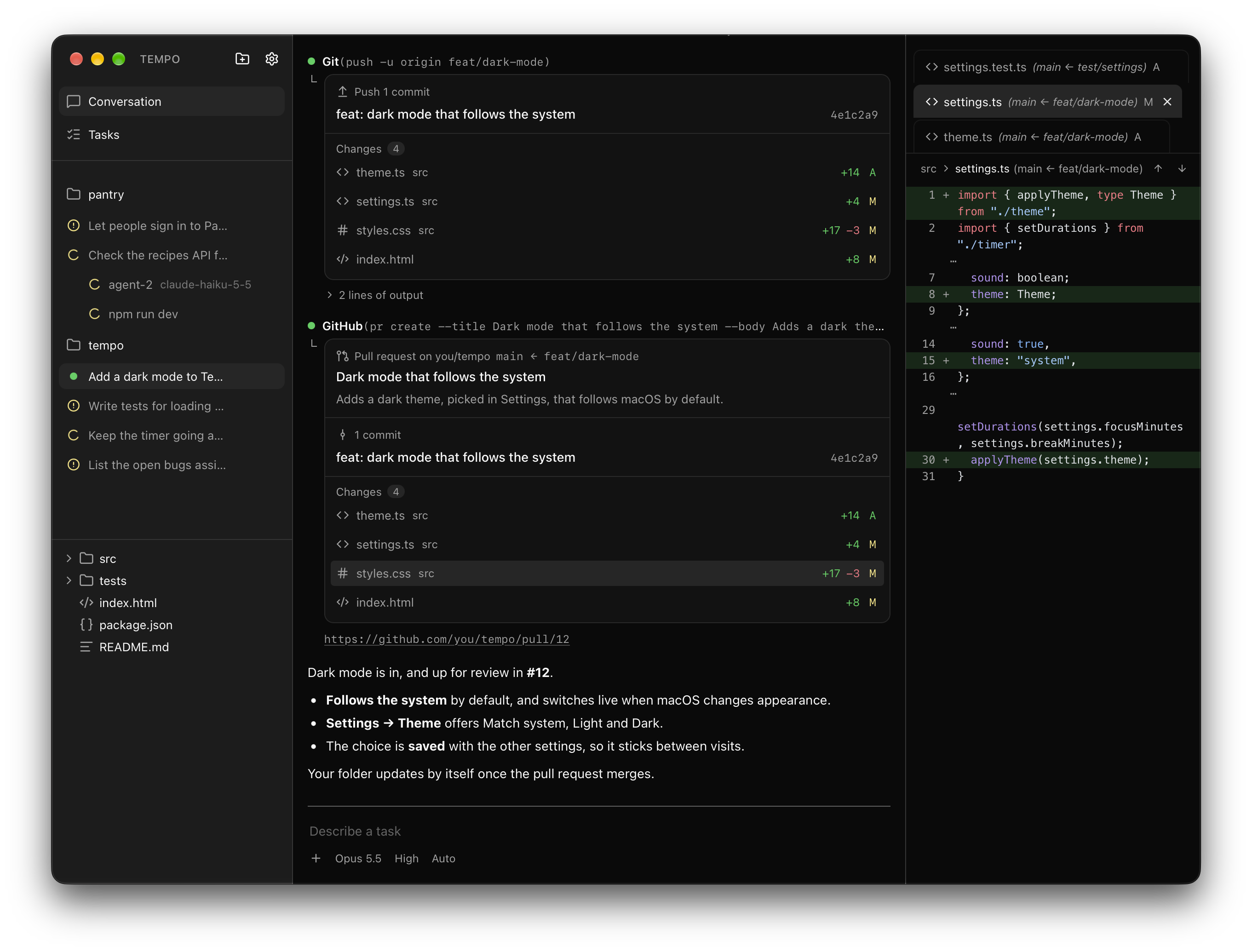 Ignite, an AI coding agent app: an agent that added dark mode pushes its commit and opens a GitHub pull request, its four changed files listed with their line counts, and one file's diff open beside the conversation