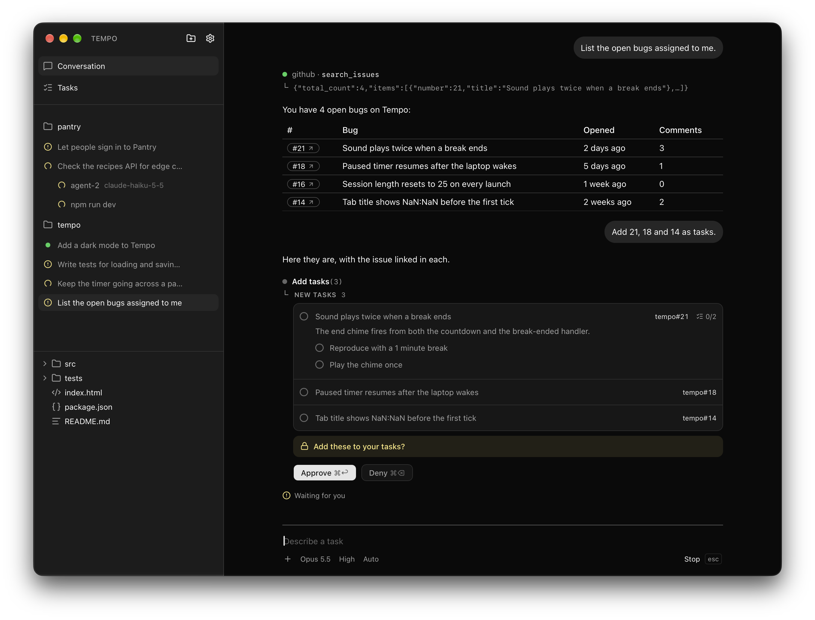 Open GitHub issues fetched through the GitHub MCP server, shown as a table, and three of them proposed as tasks waiting for approval