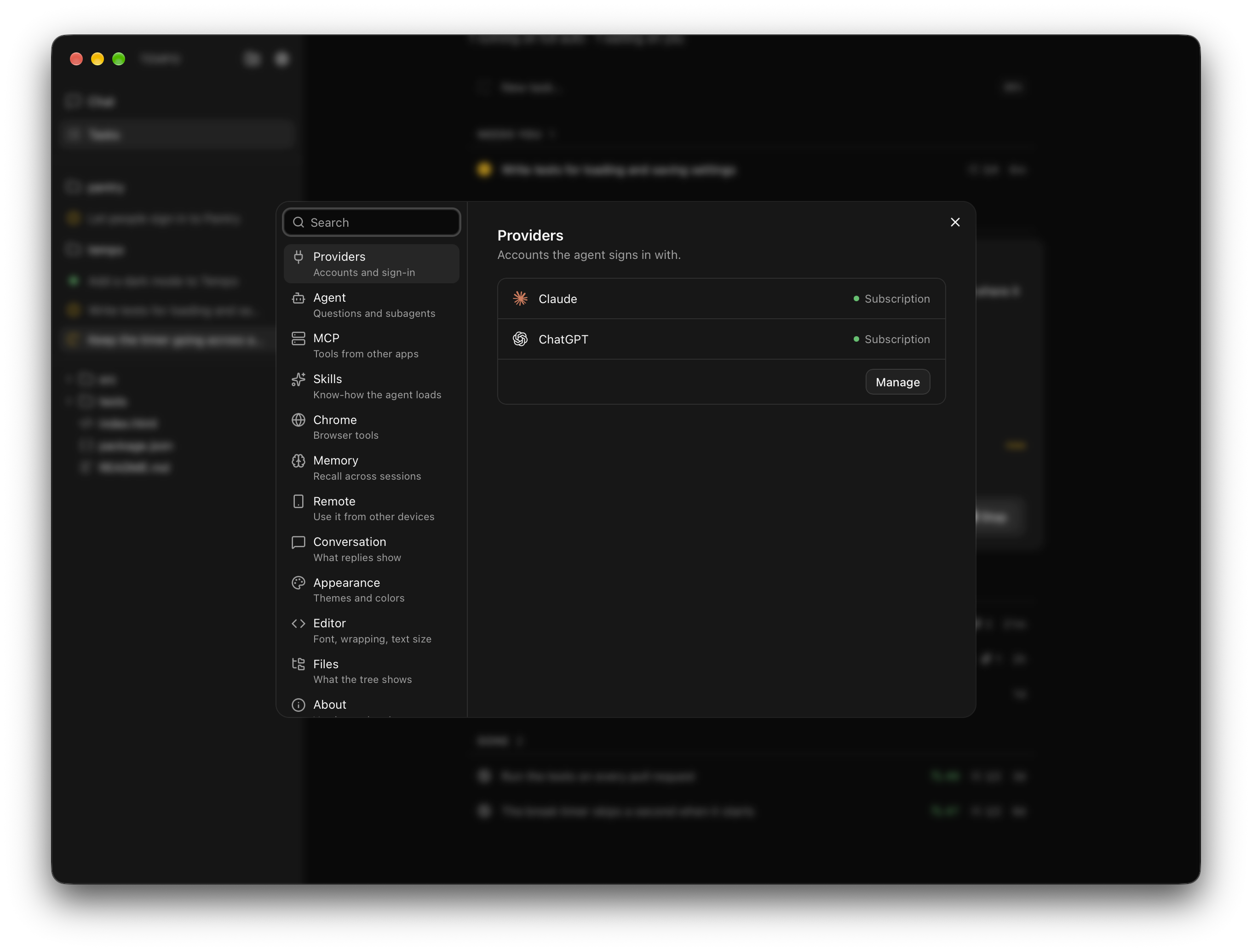 Ignite settings on the Providers section, with Claude and ChatGPT connected through their subscriptions