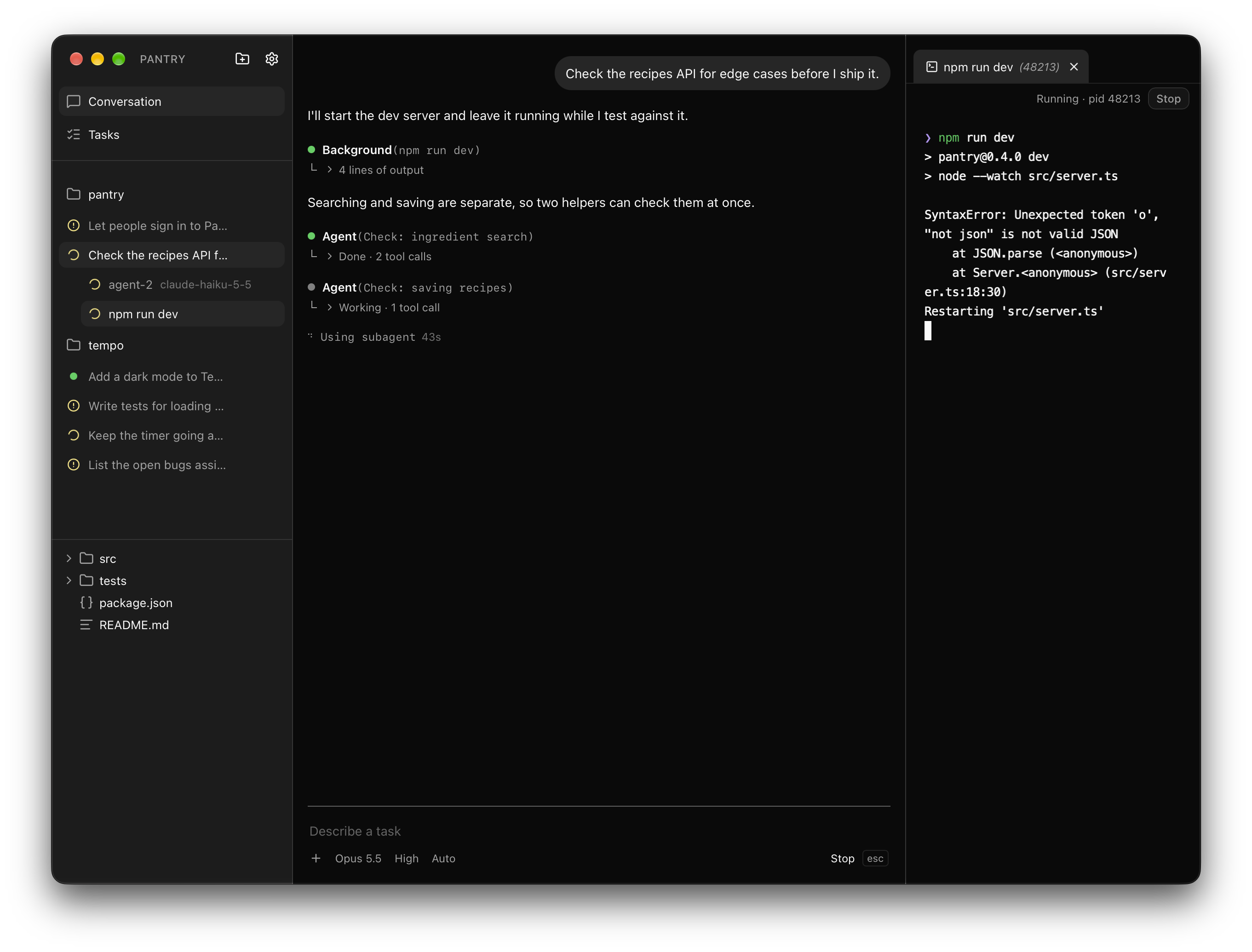 Two subagents checking a recipes API in parallel while npm run dev runs as a background command, its live output open in a tab beside the conversation
