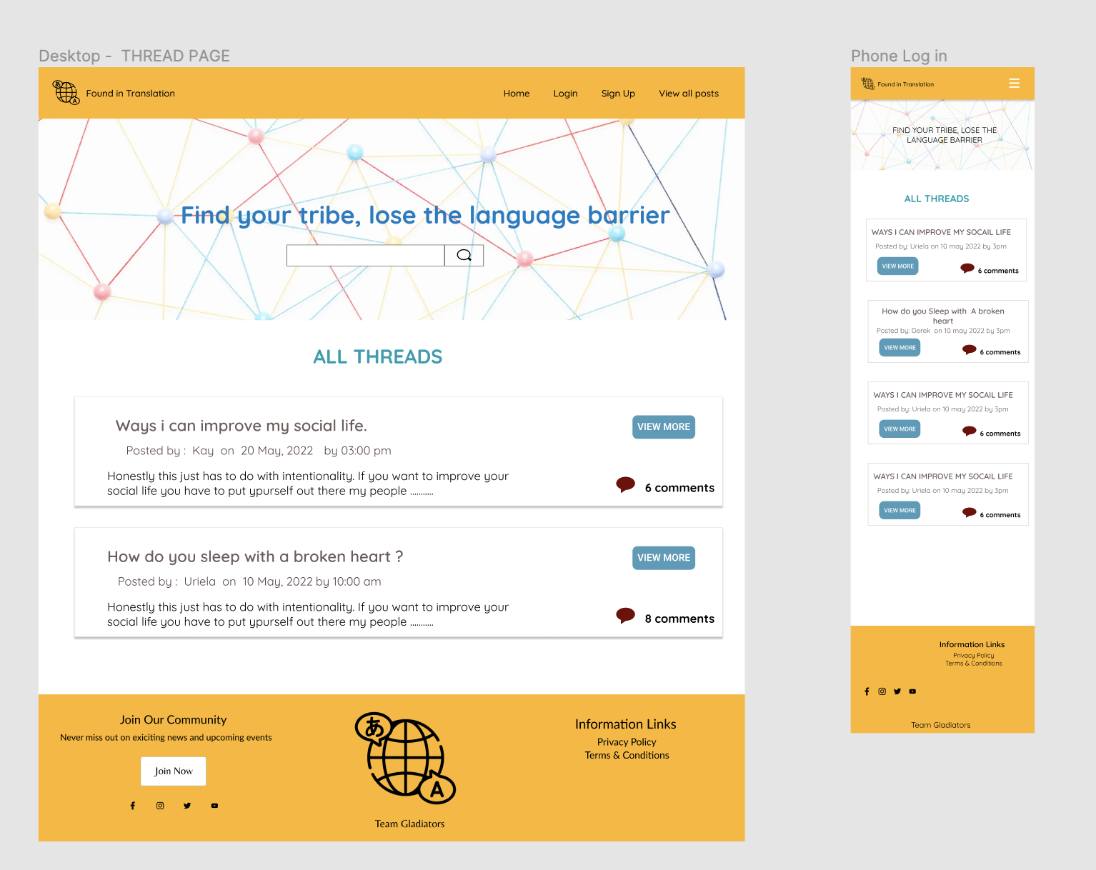 Wireframe for All threads page 