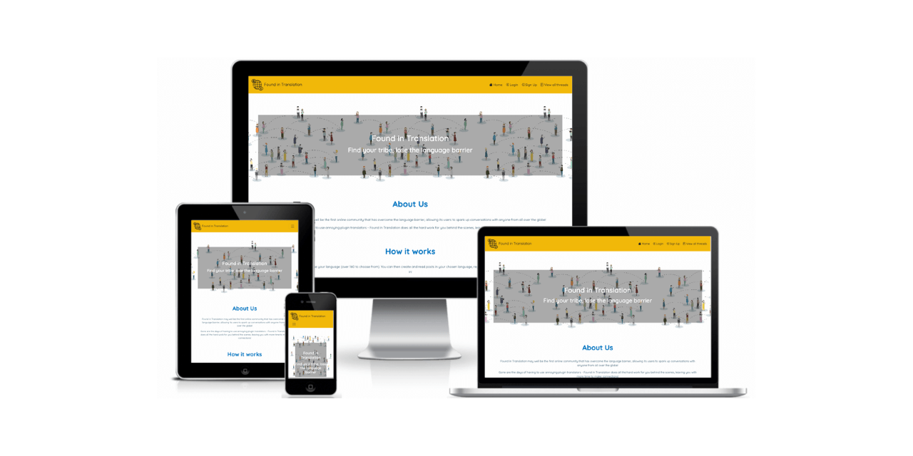 Found in Translation site shown on multiple screen sizes