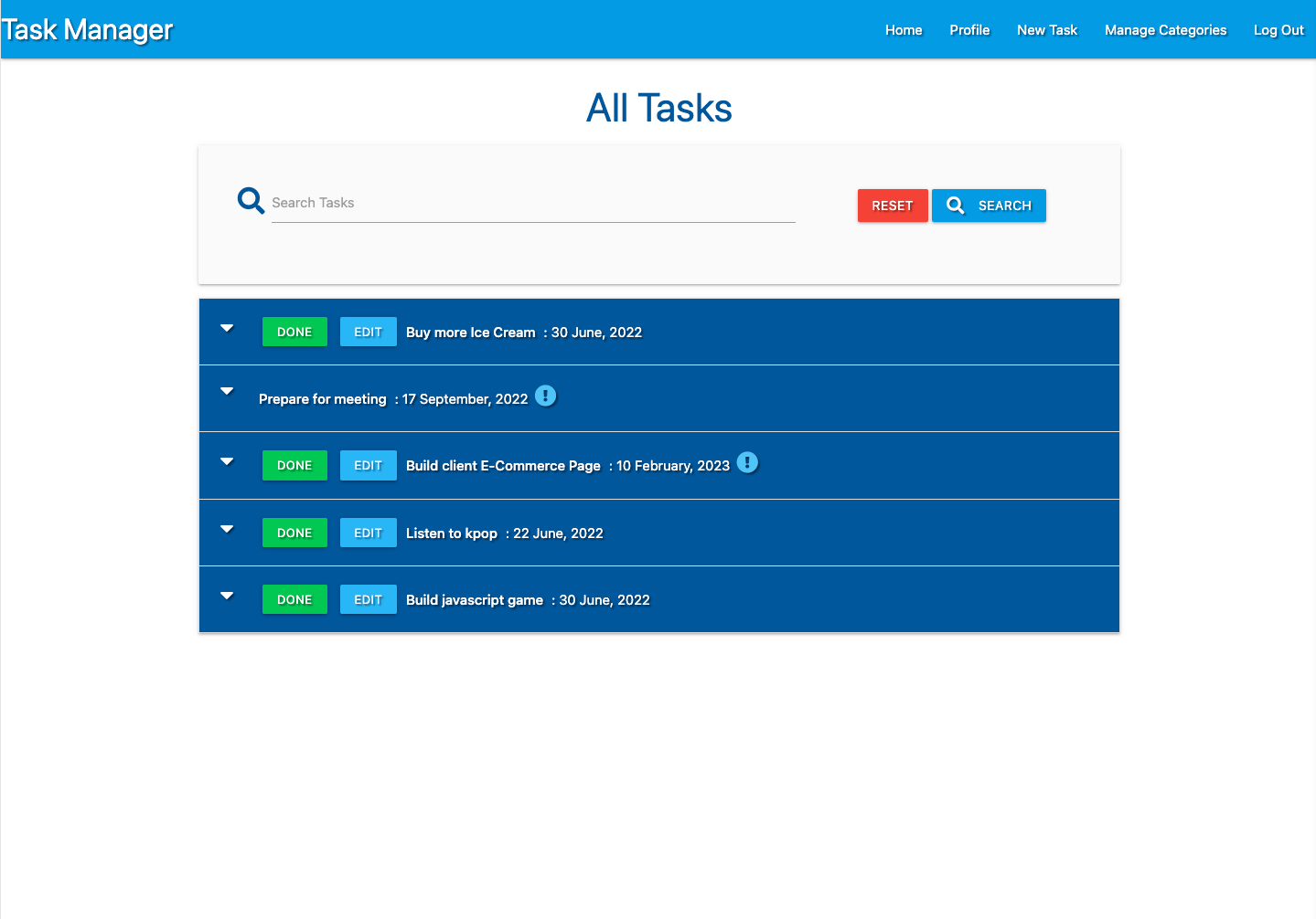 Home Page/Tasks Page