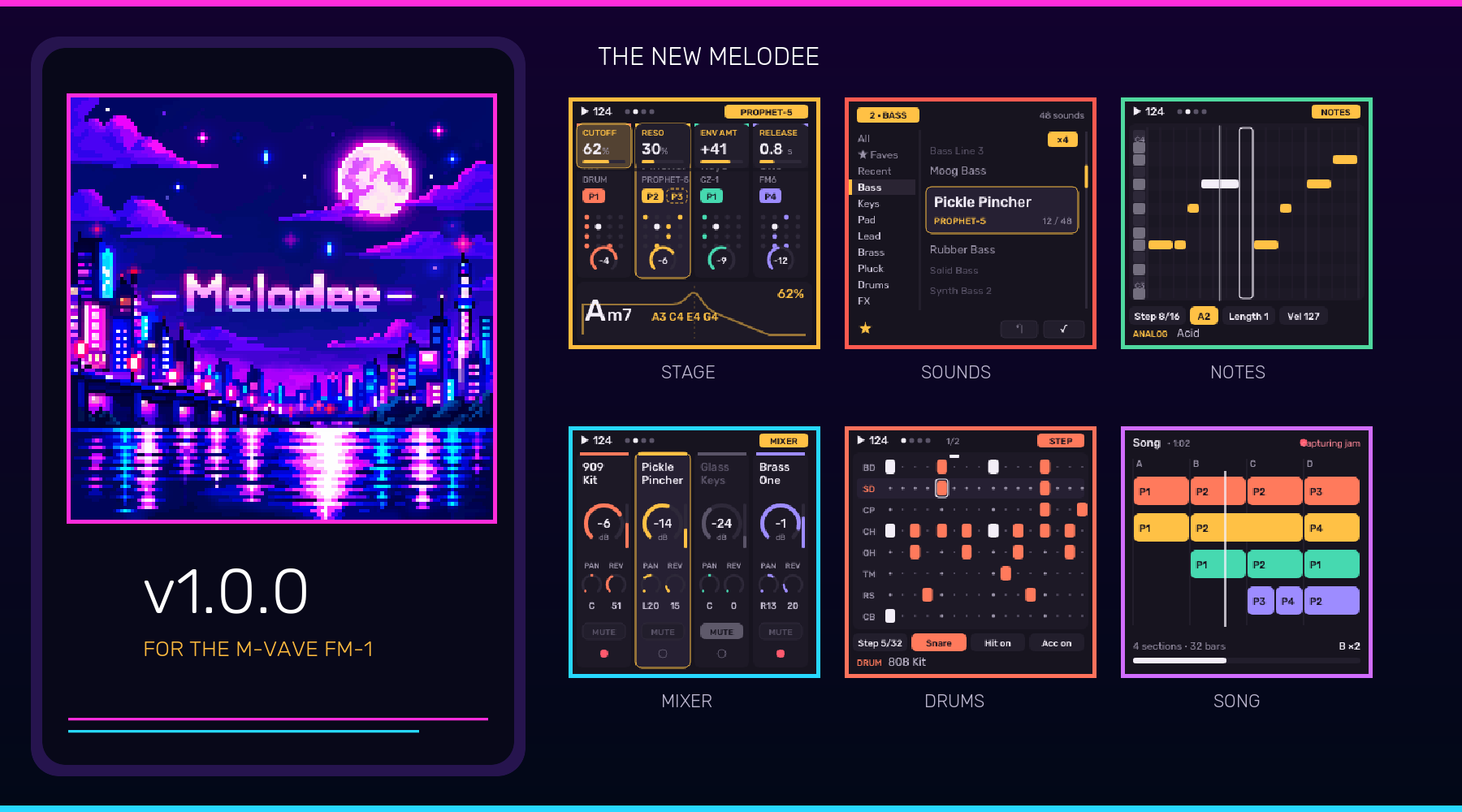 Melodee 1.0.0 logo and six firmware screens