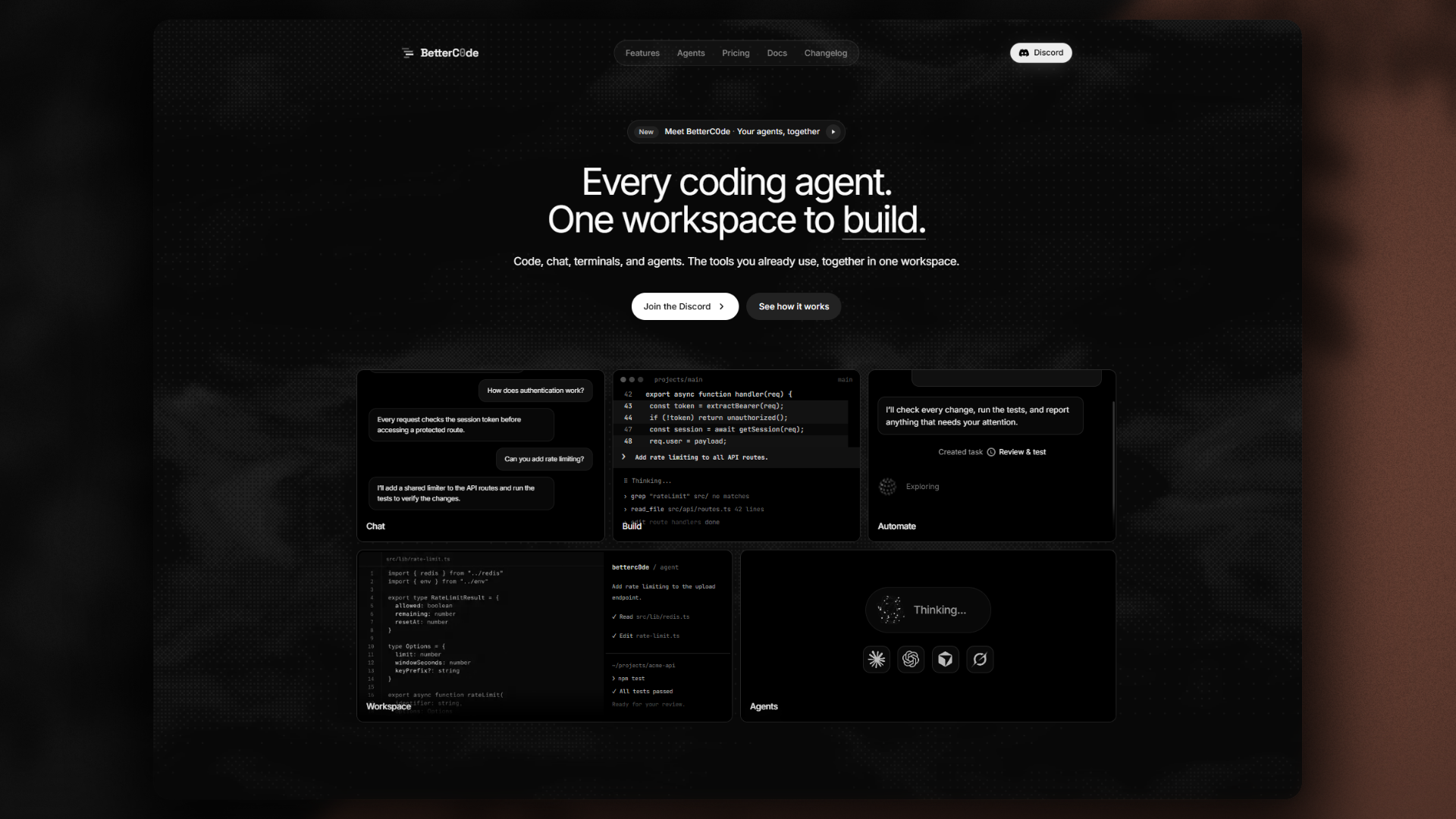 BetterC0de website: coding agents, chat, and a shared workspace