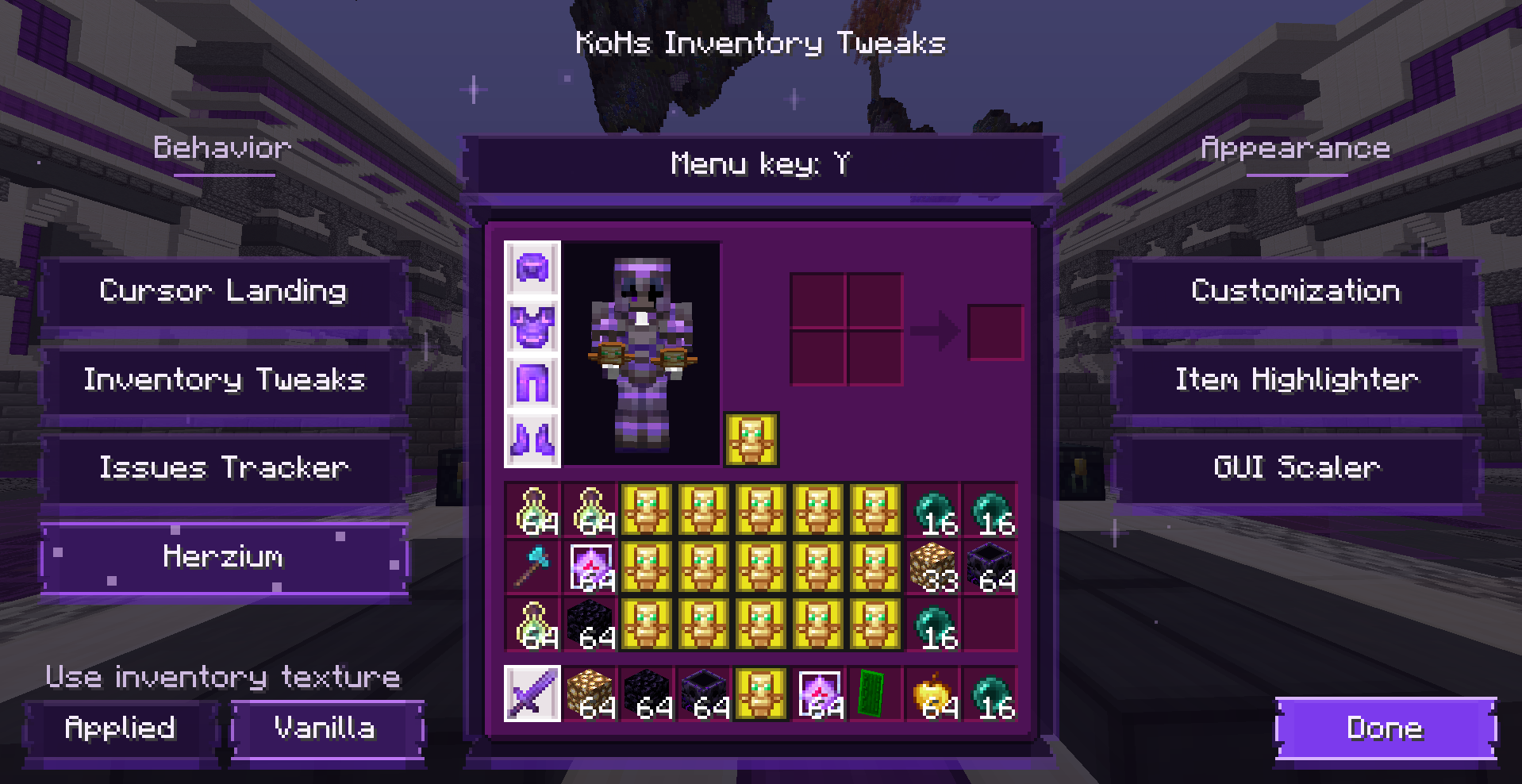 KoHs Inventory Tweaks main configuration menu