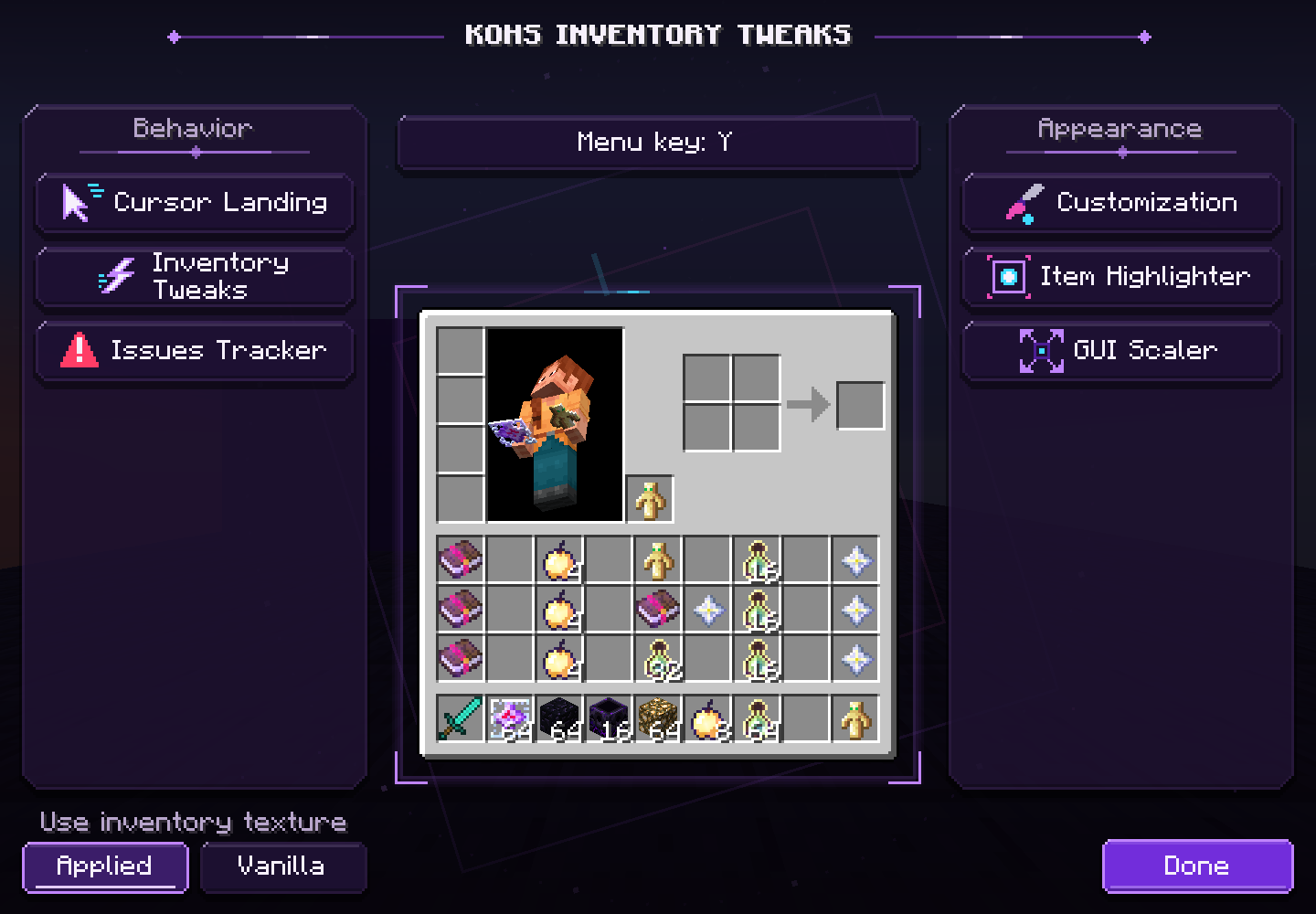 KoHs Inventory Tweaks main configuration menu