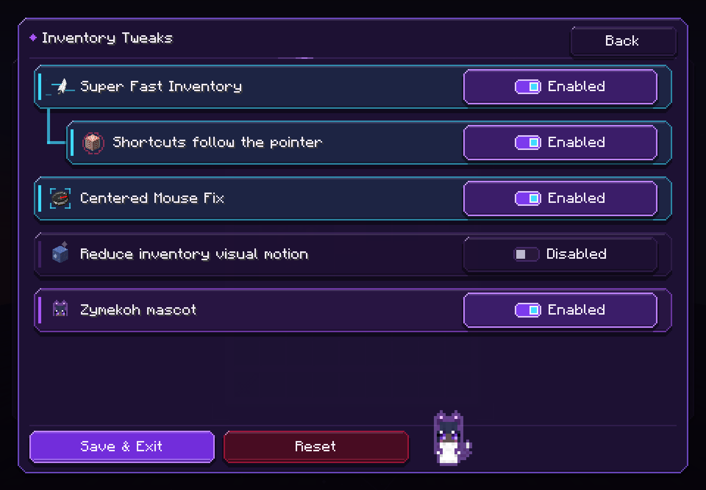 Inventory Tweaks: Super Fast Inventory with Shortcuts follow the pointer, Center Mouse Fix, Reduce inventory visual motion and the Zymekoh mascot