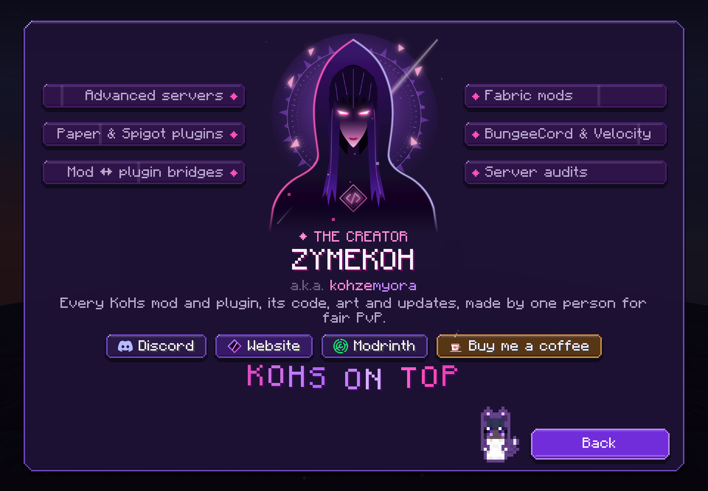 The KoHs tab: Zymekoh, her skills and links to Discord, the KoHs Mod Suite site, Modrinth and Buy me a coffee