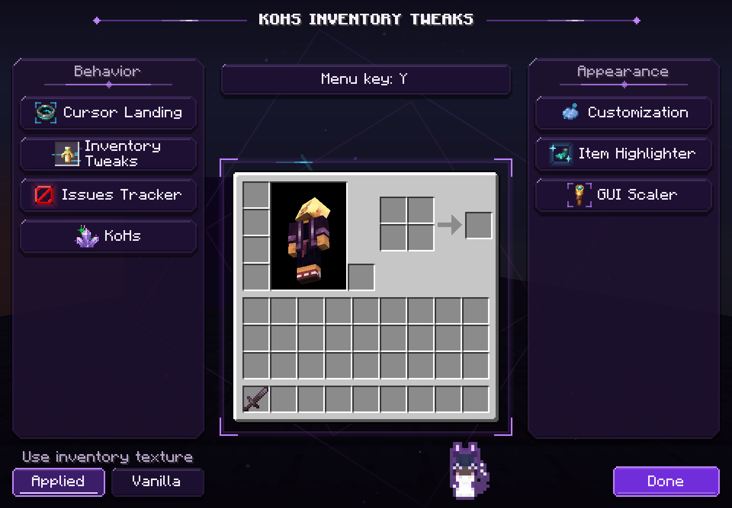 KoHs Inventory Tweaks main configuration menu